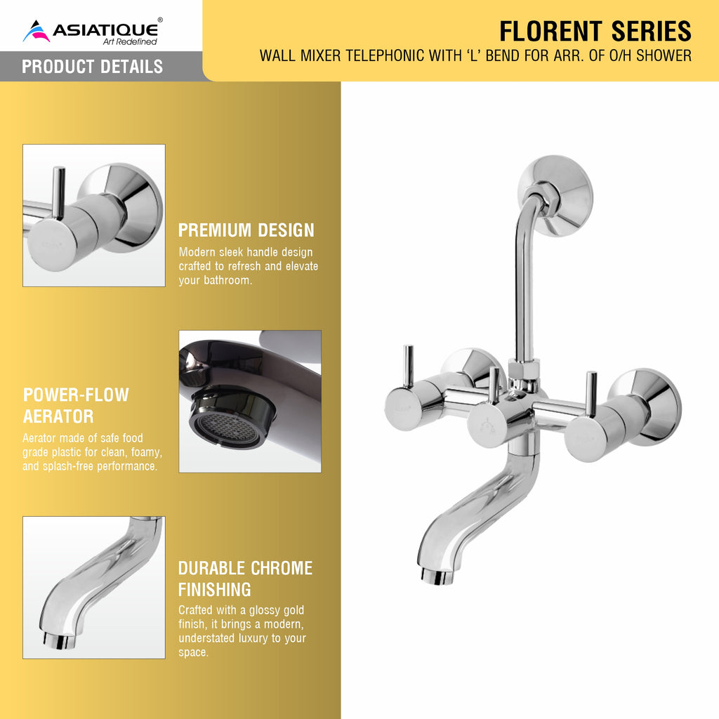 Asiatique Wall Mixer Telephonic With ‘L’ Bend for ARR. Of O/H Shower (F-017), Florent Premium Brass Bathroom & Kitchen Faucet Collection, Chrome Finish Mixer, Pillar Cock & Wall Mounted Taps