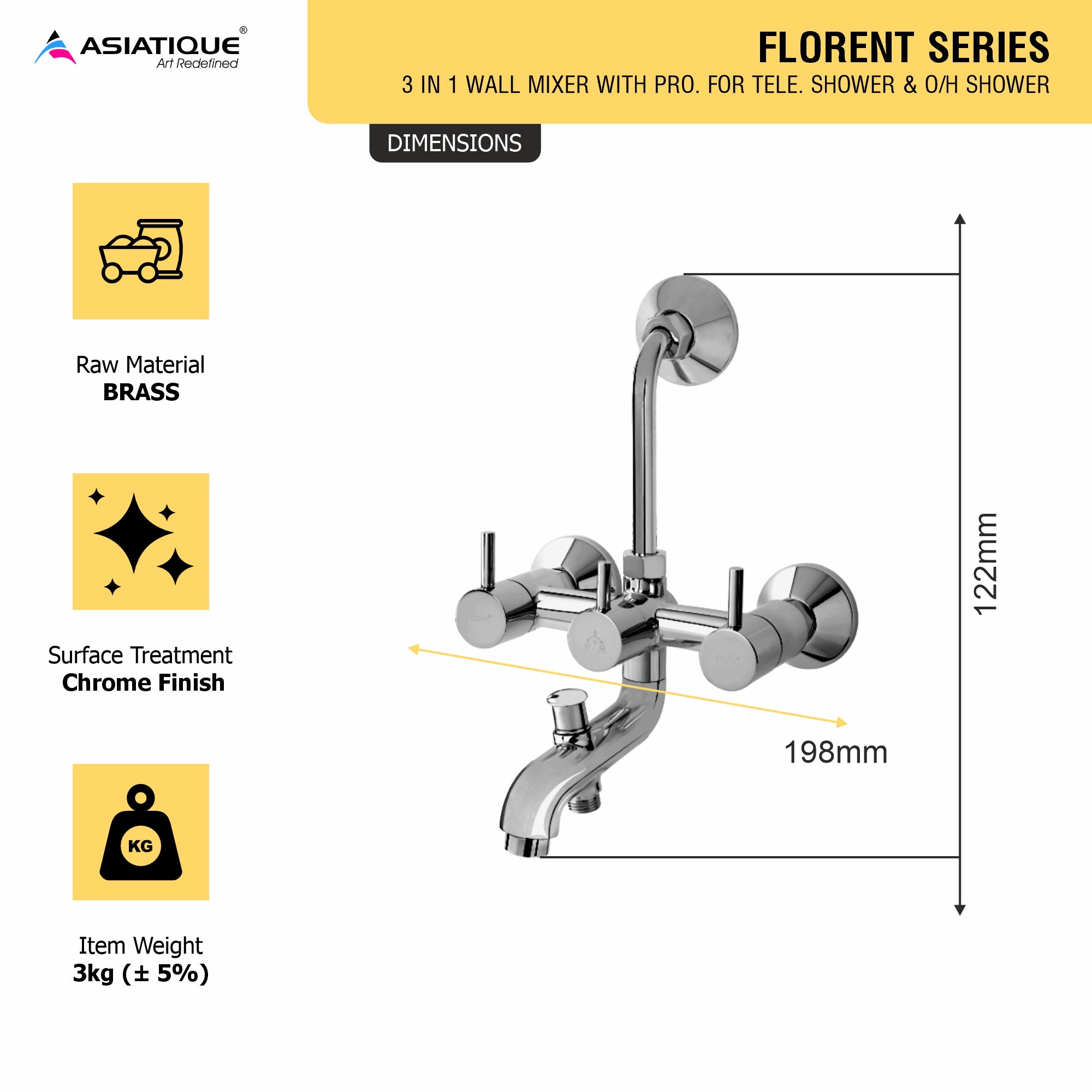 Asiatique 3 in 1 Wall Mixer With Pro. For Tele. Shower & O/H Shower (F-018), Florent Premium Brass Bathroom & Kitchen Faucet Collection, Chrome Finish Mixer, Pillar Cock & Wall Mounted Taps