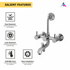 Asiatique 3 in 1 Wall Mixer With Pro. For Tele. Shower & O/H Shower (F-018), Florent Premium Brass Bathroom & Kitchen Faucet Collection, Chrome Finish Mixer, Pillar Cock & Wall Mounted Taps