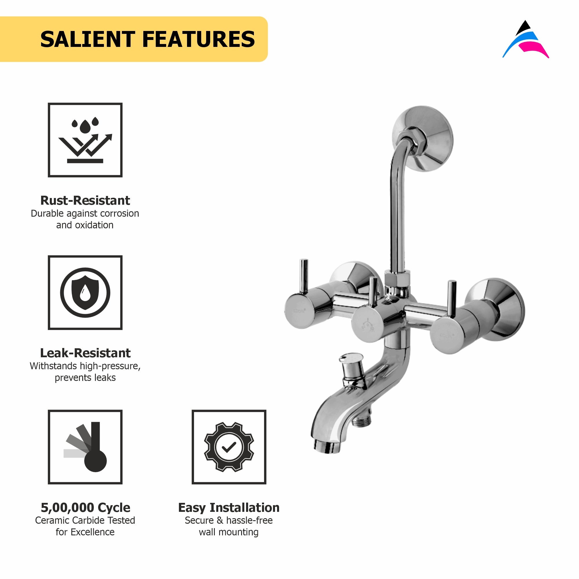 Asiatique 3 in 1 Wall Mixer With Pro. For Tele. Shower & O/H Shower (F-018), Florent Premium Brass Bathroom & Kitchen Faucet Collection, Chrome Finish Mixer, Pillar Cock & Wall Mounted Taps