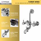Asiatique 3 in 1 Wall Mixer With Pro. For Tele. Shower & O/H Shower (F-018), Florent Premium Brass Bathroom & Kitchen Faucet Collection, Chrome Finish Mixer, Pillar Cock & Wall Mounted Taps