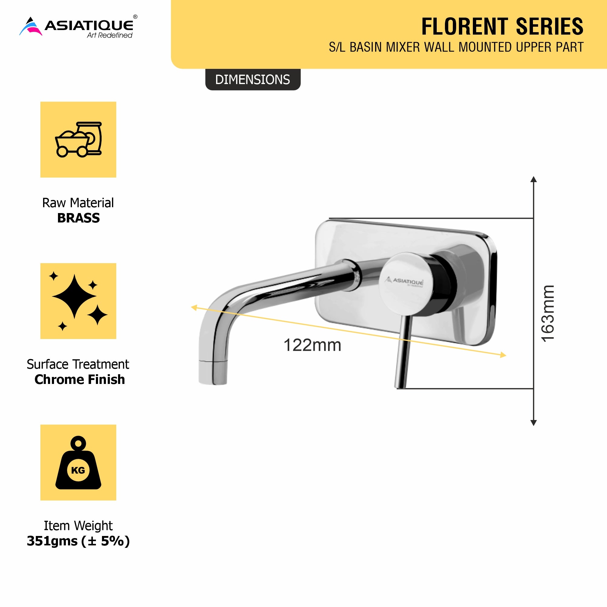 Asiatique S/L Basin Mixer Wall Mounted Upper Part (F-019U), Florent Premium Brass Bathroom & Kitchen Faucet Collection, Chrome Finish Mixer, Pillar Cock & Wall Mounted Tap