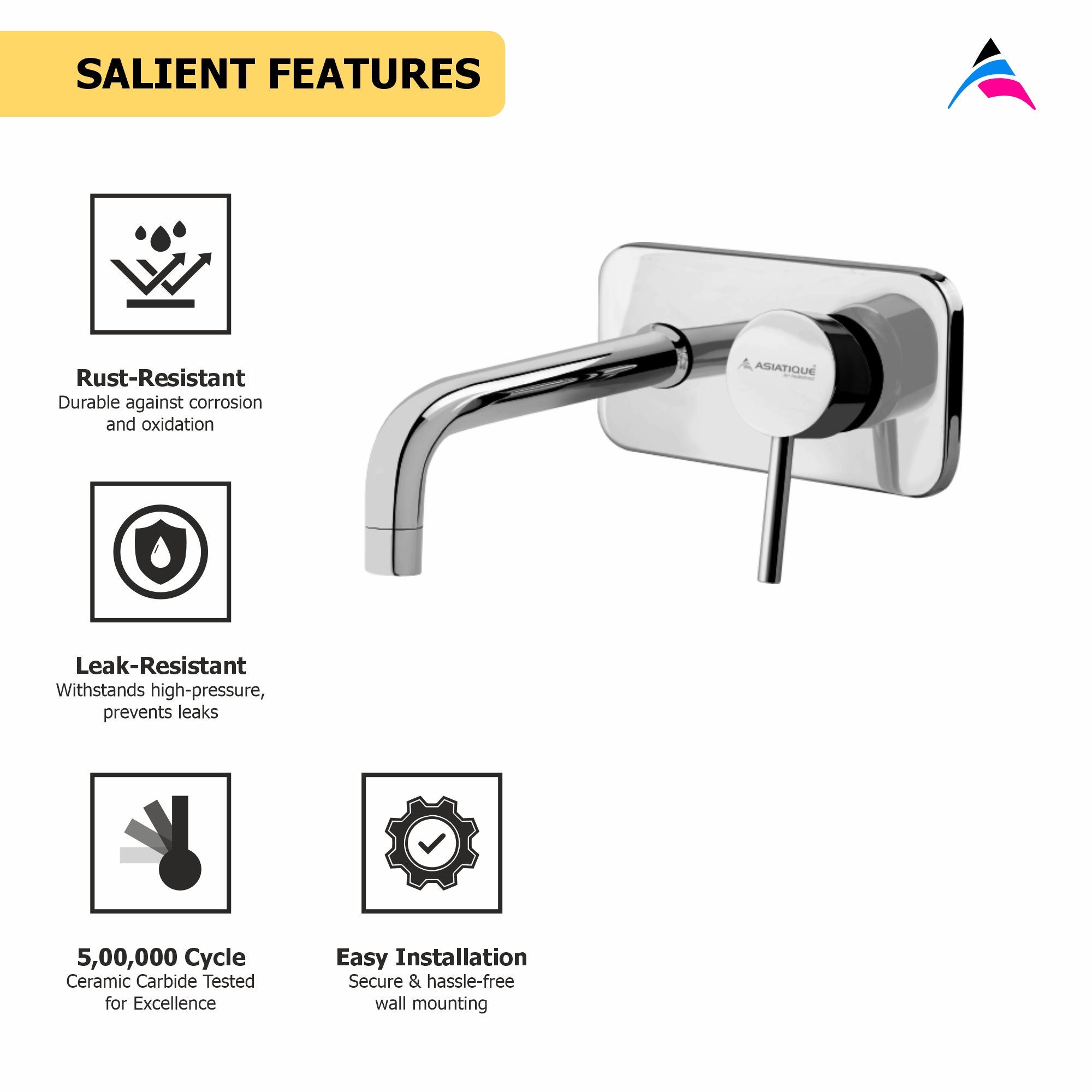 Asiatique S/L Basin Mixer Wall Mounted Upper Part (F-019U), Florent Premium Brass Bathroom & Kitchen Faucet Collection, Chrome Finish Mixer, Pillar Cock & Wall Mounted Tap