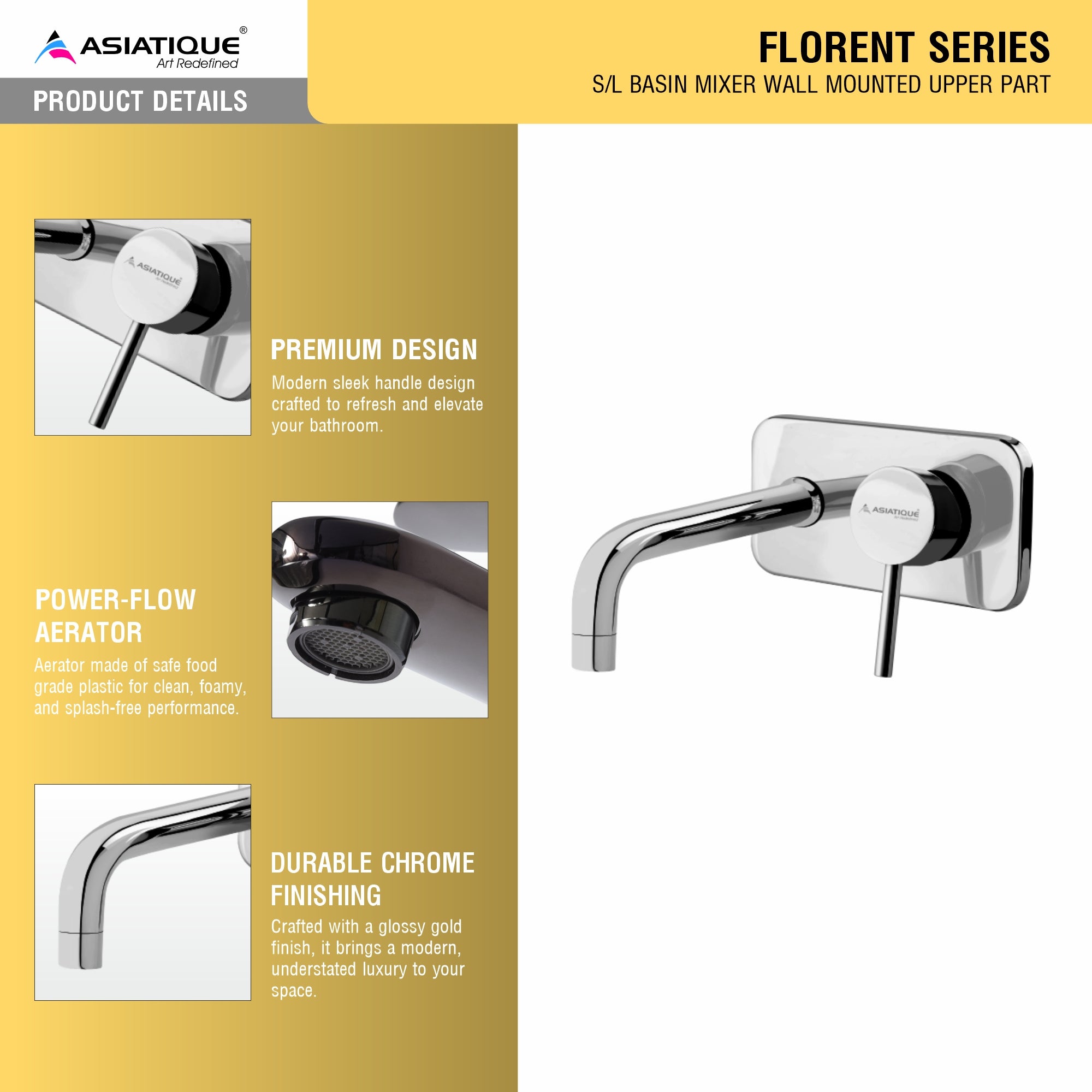 Asiatique S/L Basin Mixer Wall Mounted Upper Part (F-019U), Florent Premium Brass Bathroom & Kitchen Faucet Collection, Chrome Finish Mixer, Pillar Cock & Wall Mounted Tap