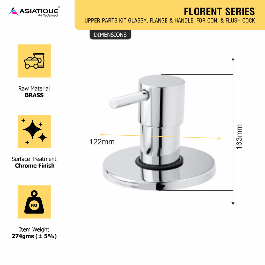 Asiatique Upper Parts Kit Glassy, Flange & Handle, For Con. & Flush Cock (F-021U), Florent Premium Brass Bathroom & Kitchen Faucet Collection, Chrome Finish Mixer, Pillar Cock & Wall Mounted Tap