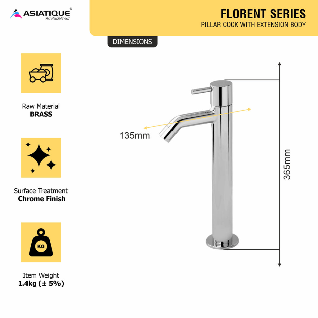 Asiatique Pillar Cock With Extension Body (F-023), Florent Premium Brass Bathroom & Kitchen Faucet Collection, Chrome Finish Mixer, Pillar Cock & Wall Mounted Tap