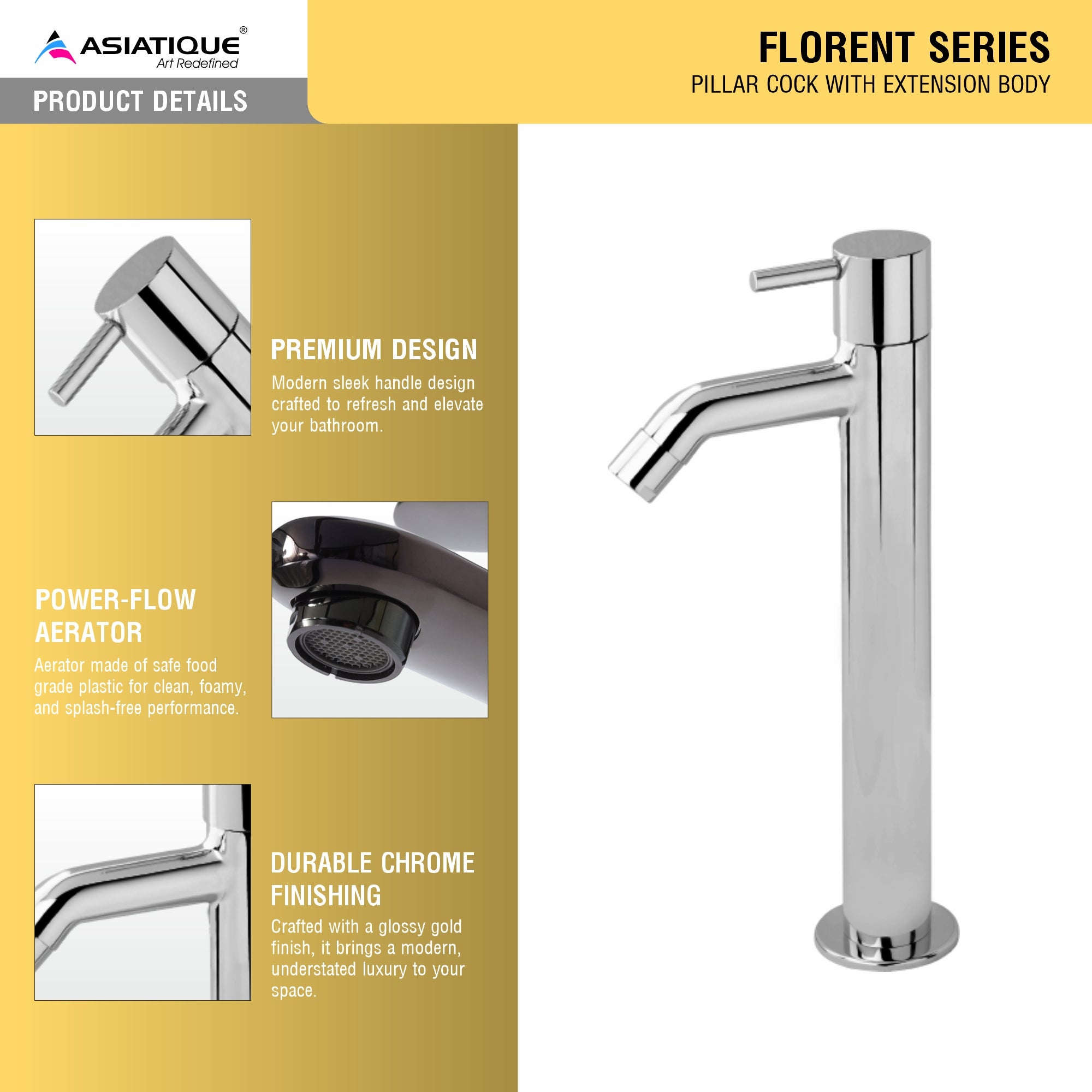 Asiatique Pillar Cock With Extension Body (F-023), Florent Premium Brass Bathroom & Kitchen Faucet Collection, Chrome Finish Mixer, Pillar Cock & Wall Mounted Tap