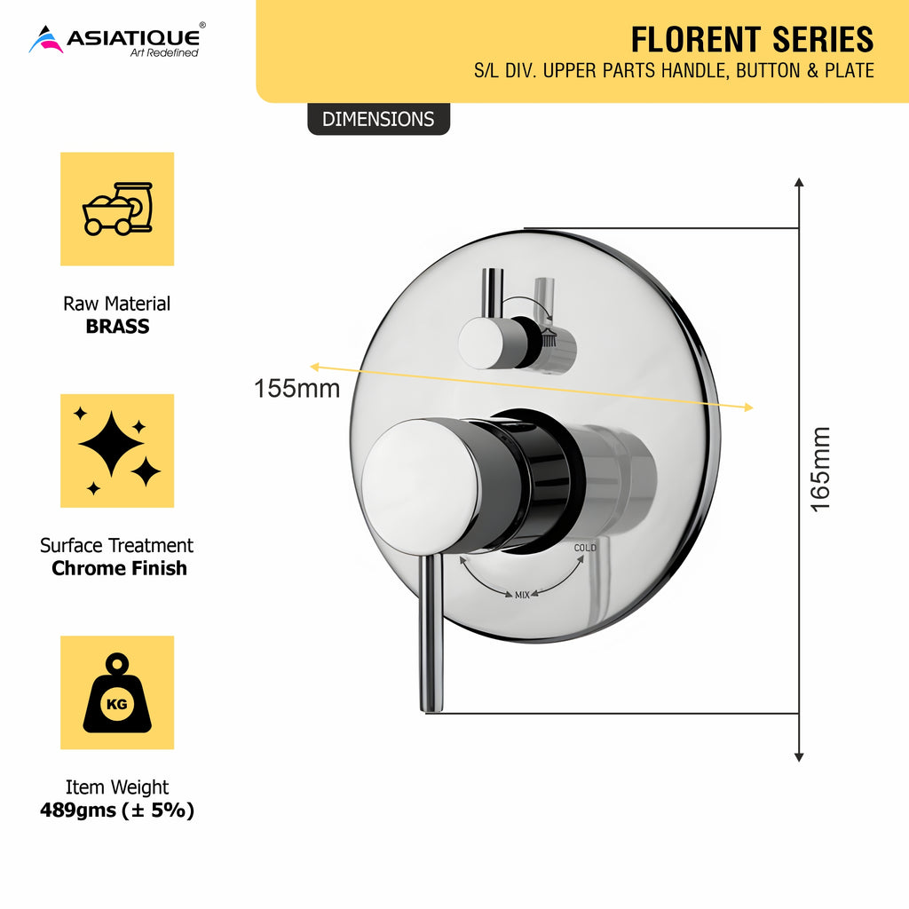 Asiatique S/L Div. Upper Parts Handle, Button & Plate (F-024), Florent Premium Brass Bathroom & Kitchen Faucet Collection, Chrome Finish Mixer, Pillar Cock & Wall Mounted Tap