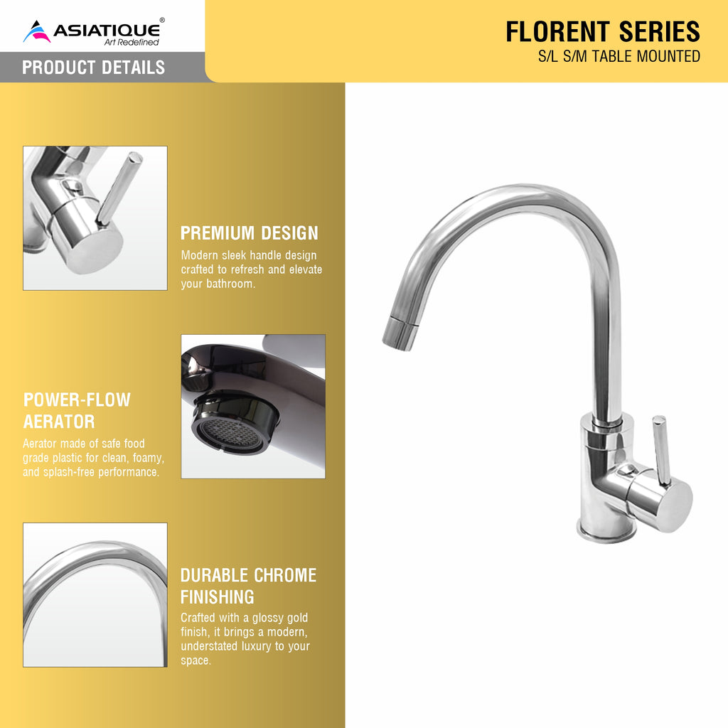 Asiatique S/L S/M Table Mounted (F-027), Florent Premium Brass Bathroom & Kitchen Faucet Collection, Chrome Finish Mixer, Pillar Cock & Wall Mounted Taps