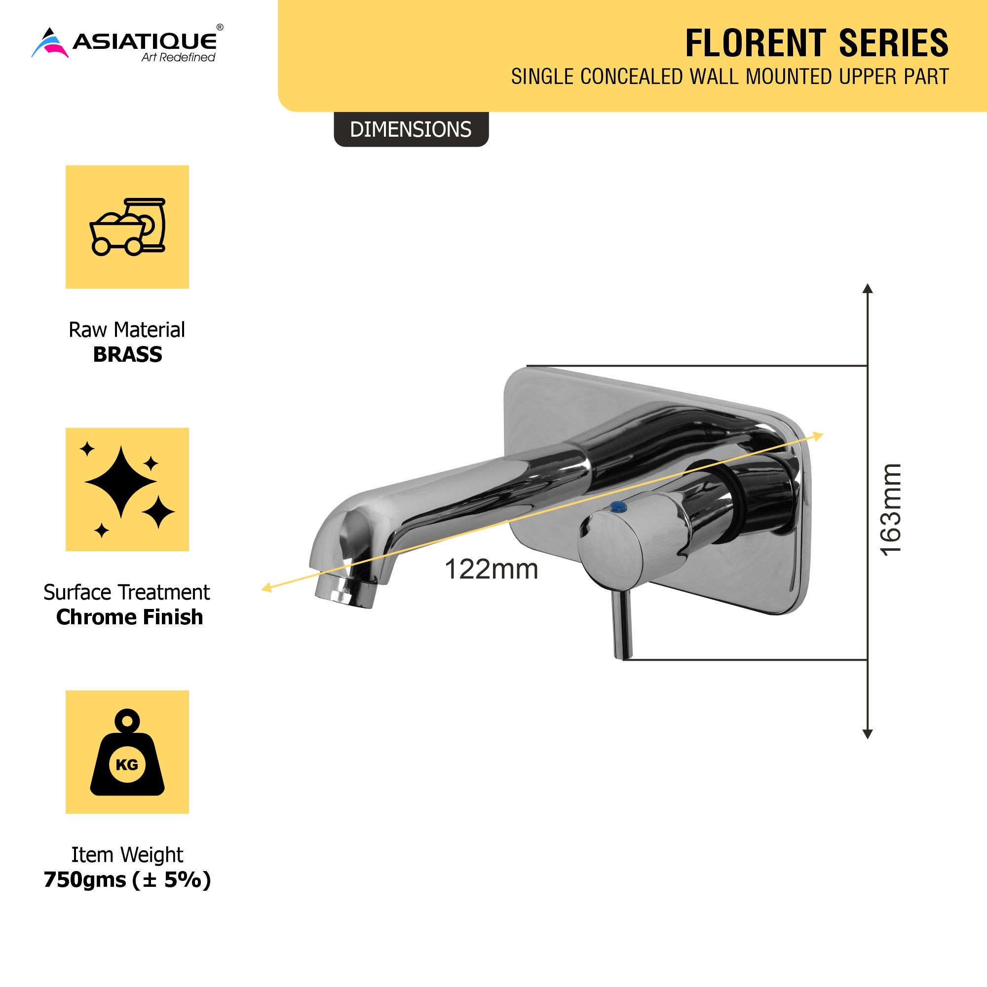 Asiatique Single Concealed Wall Mounted Upper Part (F-028U), Florent Premium Brass Bathroom & Kitchen Faucet Collection, Chrome Finish Mixer, Pillar Cock & Wall Mounted Tap
