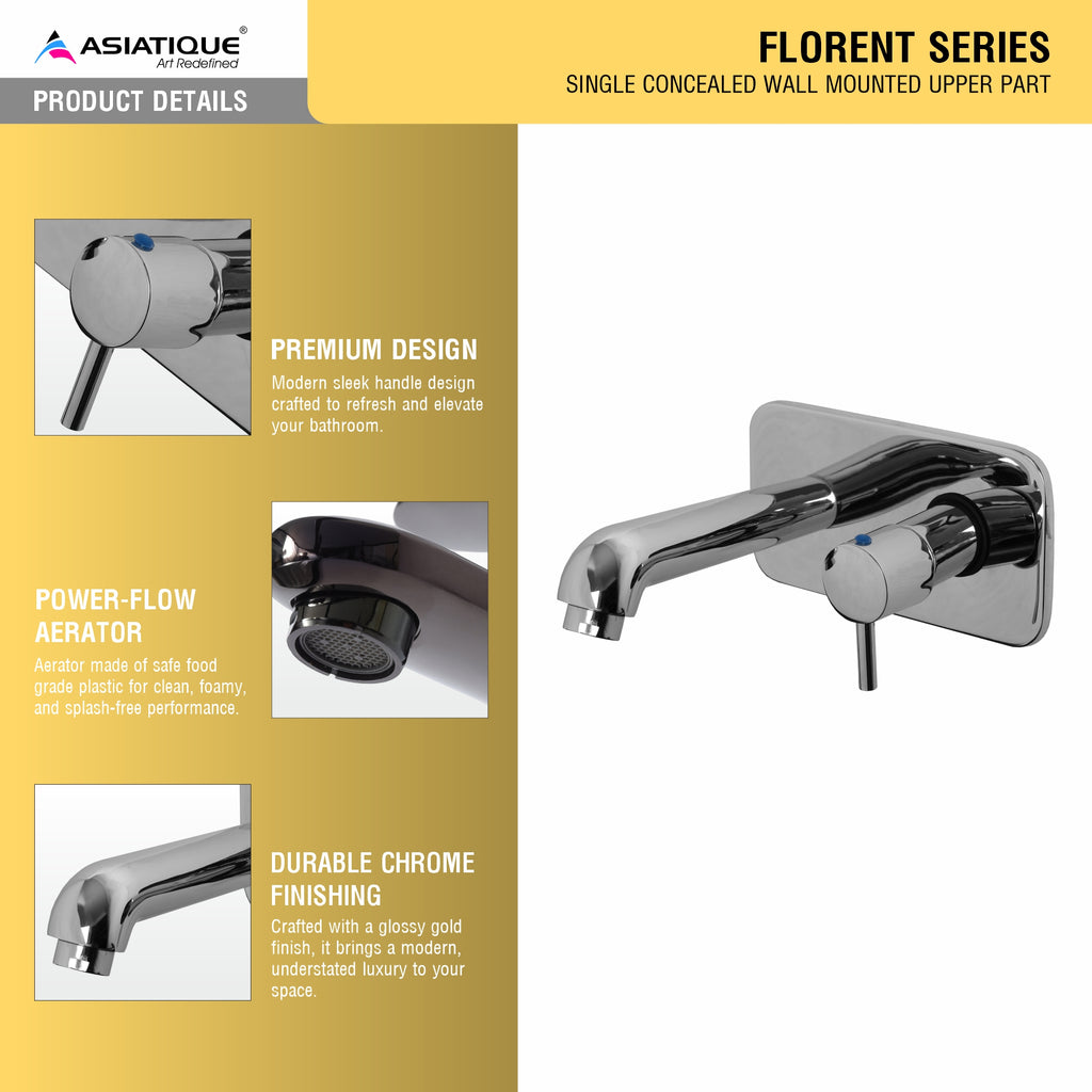 Asiatique Single Concealed Wall Mounted Upper Part (F-028U), Florent Premium Brass Bathroom & Kitchen Faucet Collection, Chrome Finish Mixer, Pillar Cock & Wall Mounted Tap