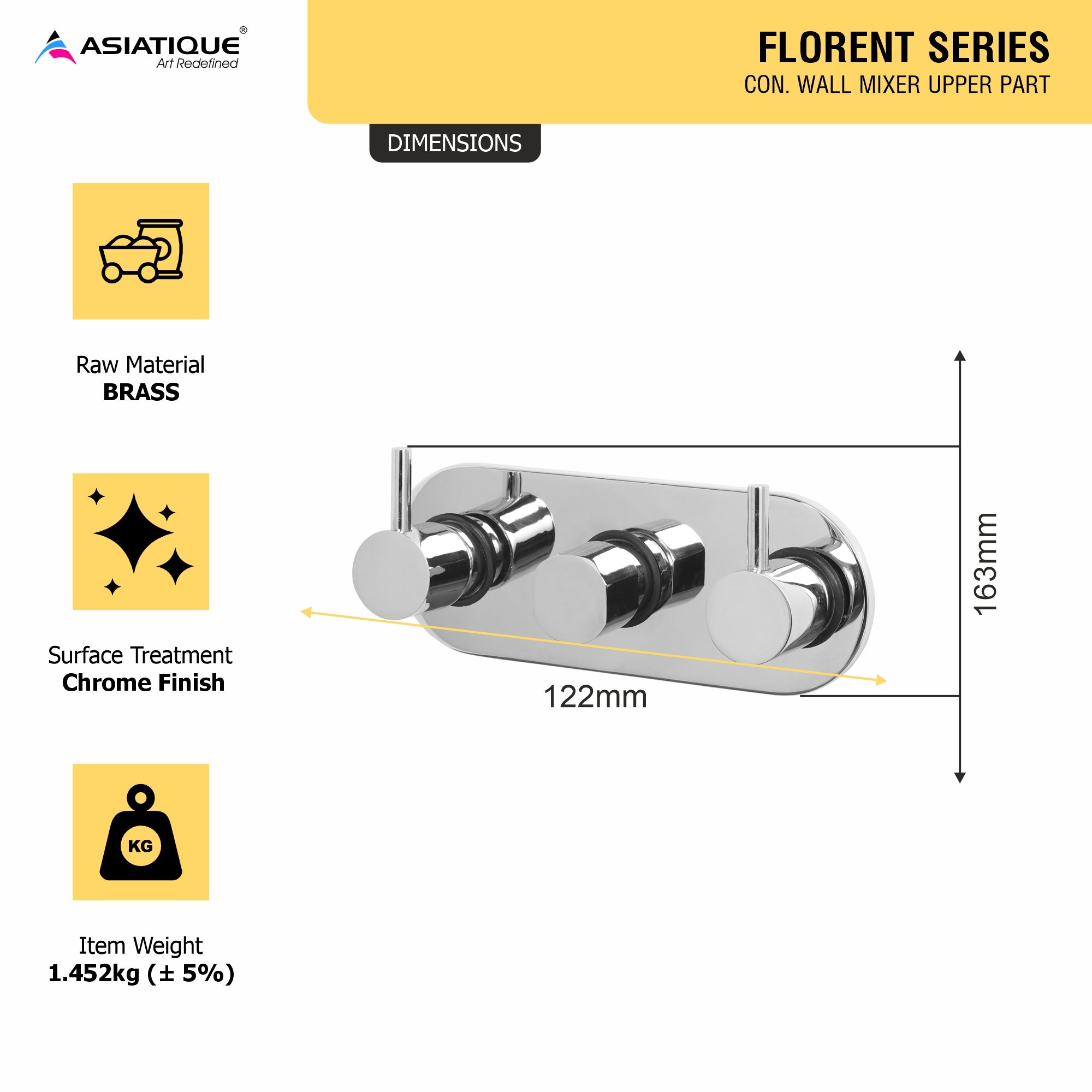 Asiatique Con. Wall Mixer Upper Part (F-029U), Florent Premium Brass Bathroom & Kitchen Faucet Collection, Chrome Finish Mixer, Pillar Cock & Wall Mounted Tap