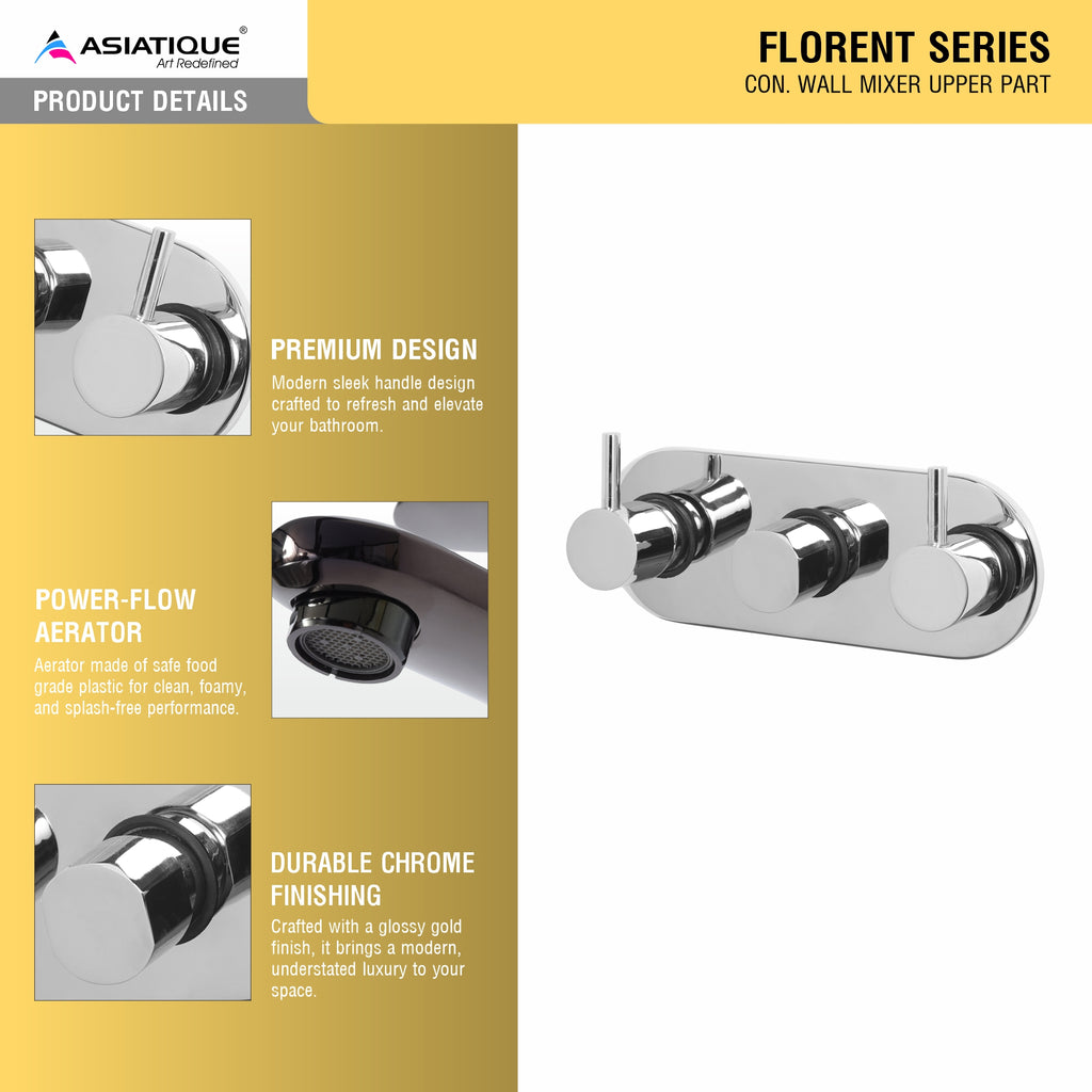 Asiatique Con. Wall Mixer Upper Part (F-029U), Florent Premium Brass Bathroom & Kitchen Faucet Collection, Chrome Finish Mixer, Pillar Cock & Wall Mounted Tap