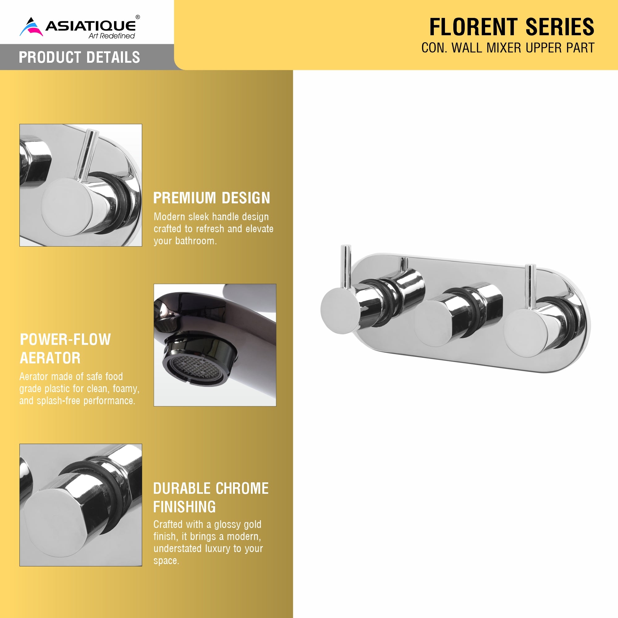 Asiatique Con. Wall Mixer Upper Part (F-029U), Florent Premium Brass Bathroom & Kitchen Faucet Collection, Chrome Finish Mixer, Pillar Cock & Wall Mounted Tap