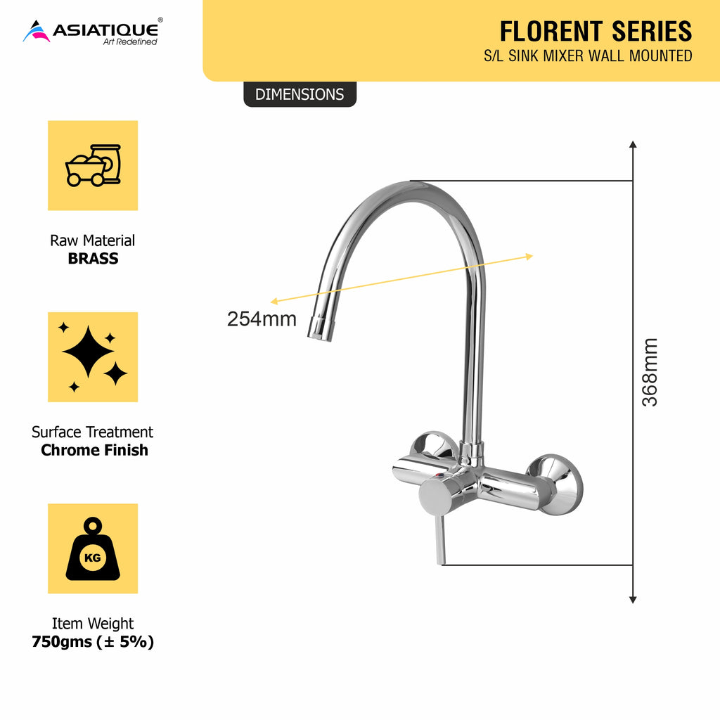 Asiatique S/L Sink Mixer Wall Mounted (F-031), Florent Premium Brass Bathroom & Kitchen Faucet Collection, Chrome Finish Mixer, Pillar Cock & Wall Mounted Taps