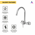 Asiatique S/L Sink Mixer Wall Mounted (F-031), Florent Premium Brass Bathroom & Kitchen Faucet Collection, Chrome Finish Mixer, Pillar Cock & Wall Mounted Taps