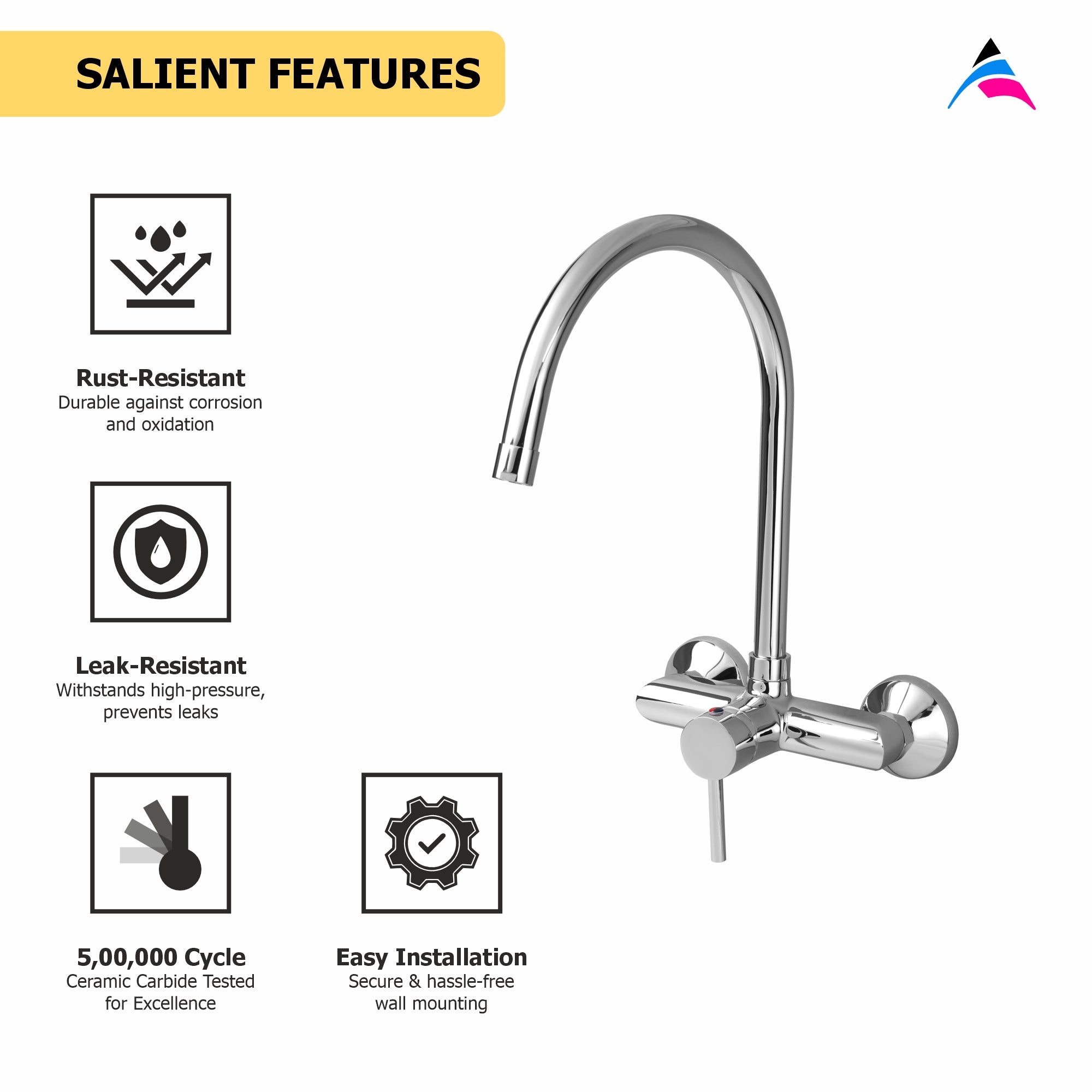 Asiatique S/L Sink Mixer Wall Mounted (F-031), Florent Premium Brass Bathroom & Kitchen Faucet Collection, Chrome Finish Mixer, Pillar Cock & Wall Mounted Taps