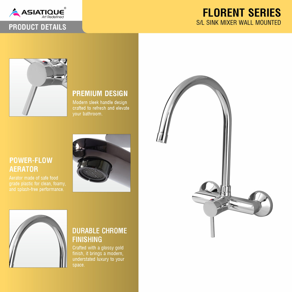Asiatique S/L Sink Mixer Wall Mounted (F-031), Florent Premium Brass Bathroom & Kitchen Faucet Collection, Chrome Finish Mixer, Pillar Cock & Wall Mounted Taps