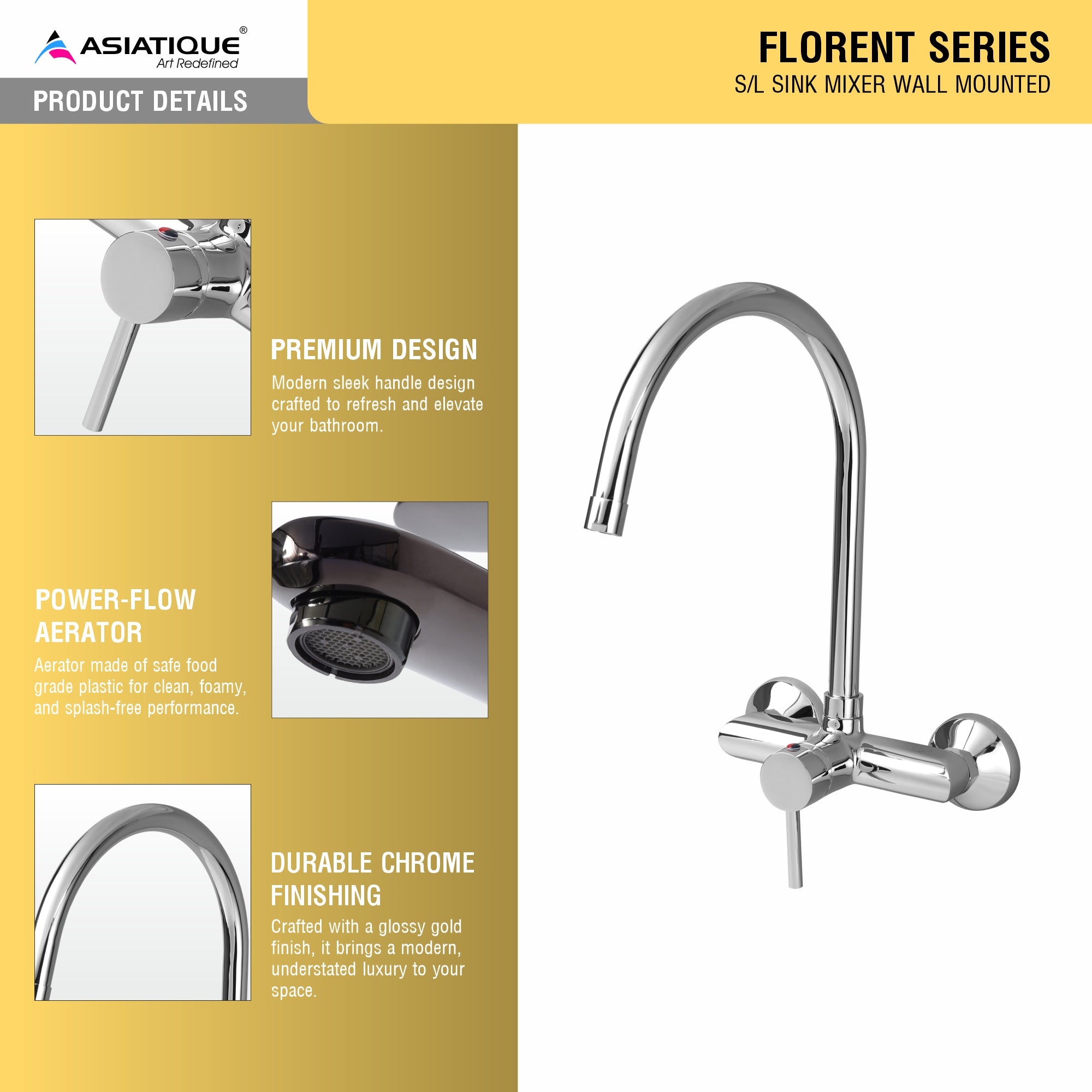 Asiatique S/L Sink Mixer Wall Mounted (F-031), Florent Premium Brass Bathroom & Kitchen Faucet Collection, Chrome Finish Mixer, Pillar Cock & Wall Mounted Taps
