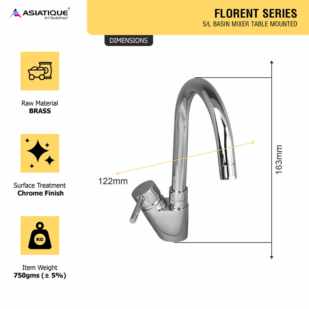 Asiatique S/L Basin Mixer Table Mounted (F-032), Florent Premium Brass Bathroom & Kitchen Faucet Collection, Chrome Finish Mixer, Pillar Cock & Wall Mounted Taps
