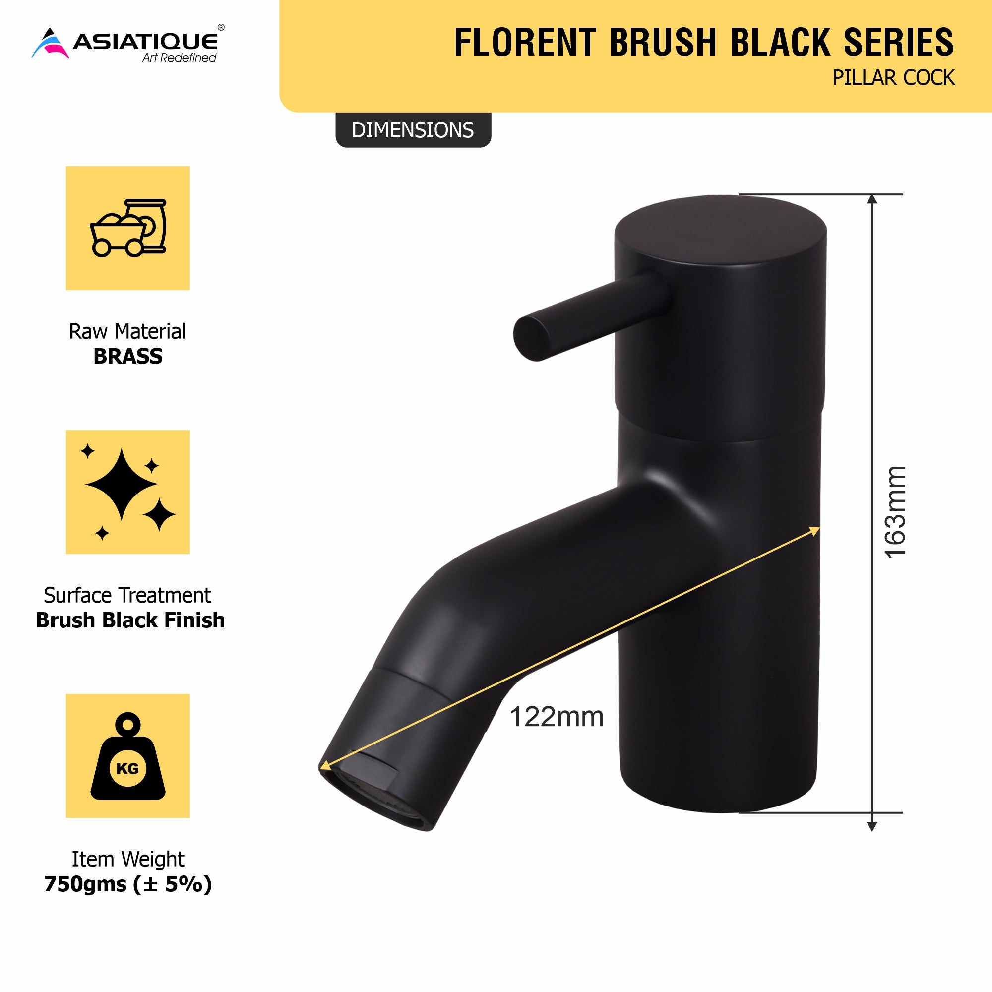 Asiatique Pillar Cock (FB-000 M) | Premium Black Brass Bathroom & Kitchen Fittings | Florent Brush Black Series