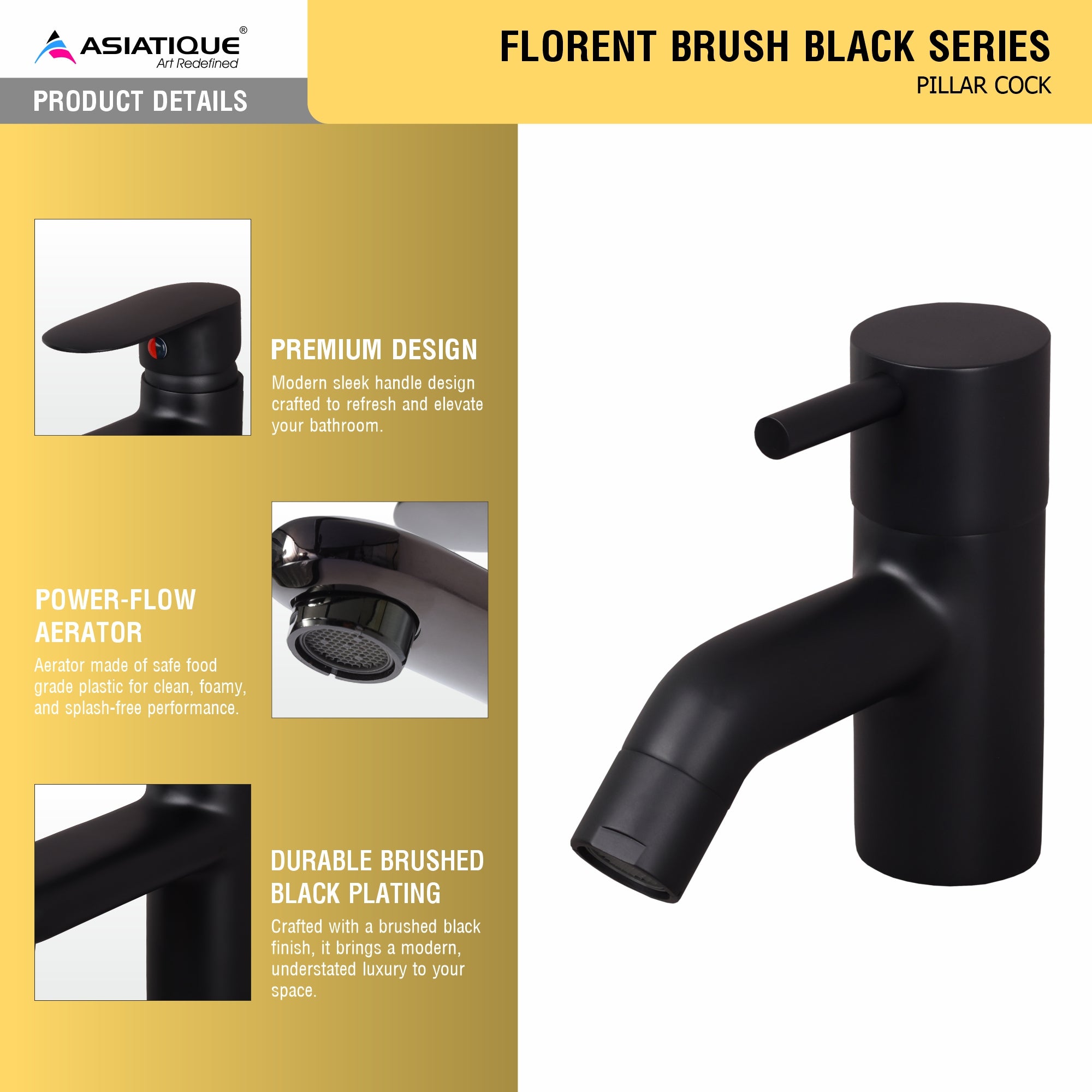 Asiatique Pillar Cock (FB-000 M) | Premium Black Brass Bathroom & Kitchen Fittings | Florent Brush Black Series