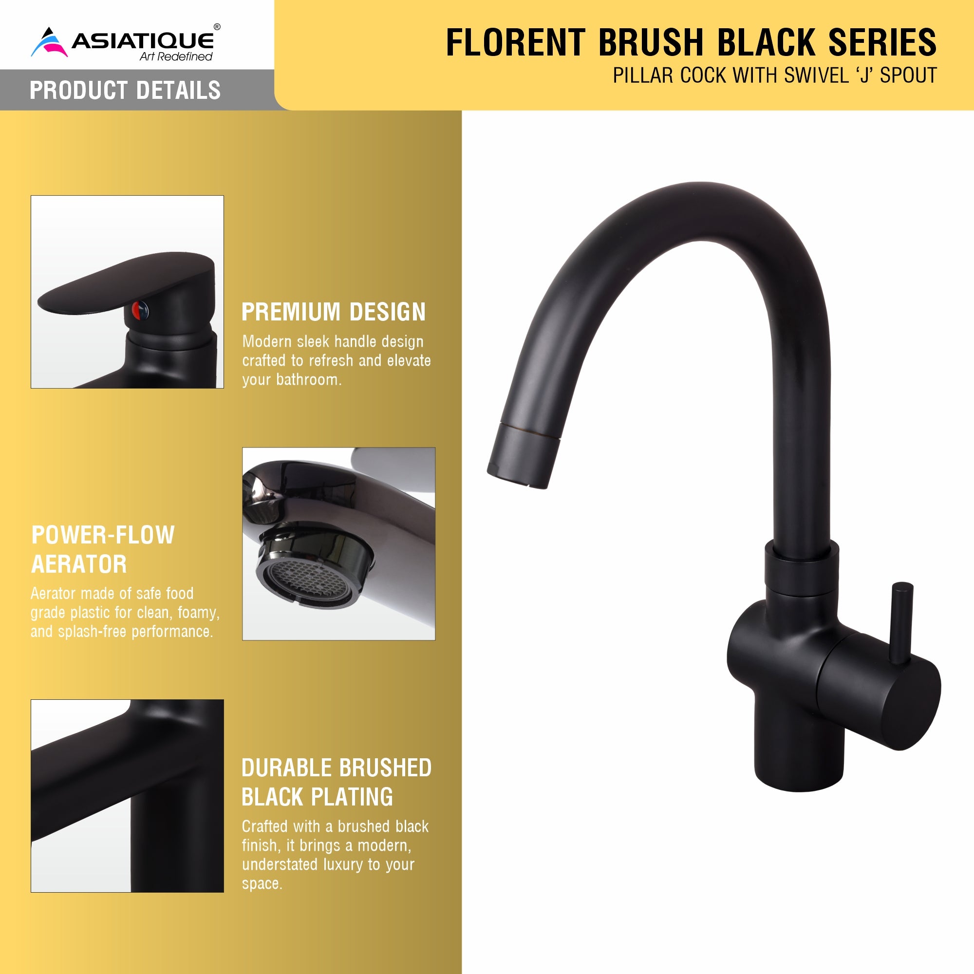 Asiatique Pillar Cock With Swivel ‘J’ Spout (FB-002 M) | Premium Black Brass Bathroom & Kitchen Fittings | Florent Brush Black Series