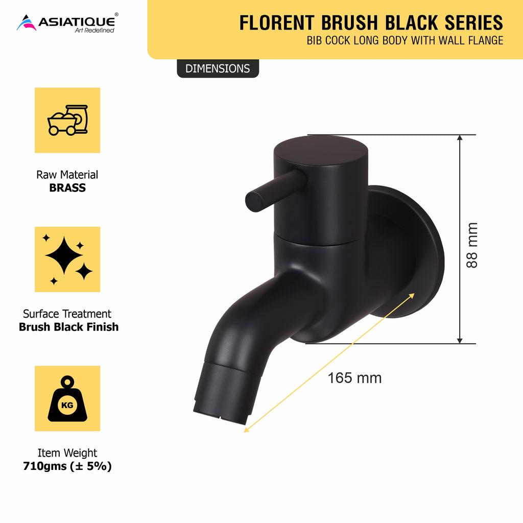 Asiatique Bib Cock Long Body With Wall Flange (FB-004 M) | Premium Black Brass Bathroom & Kitchen Fittings | Florent Brush Black Series
