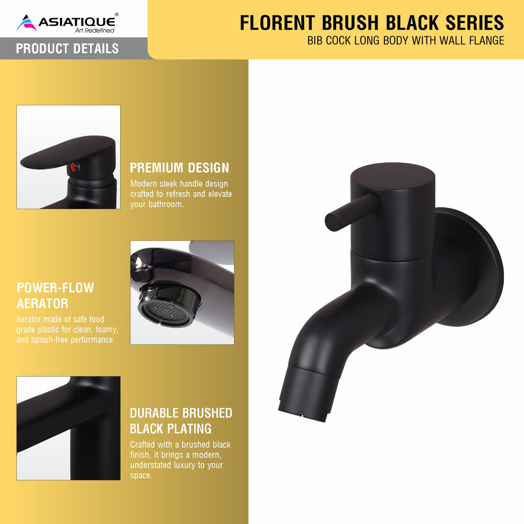 Asiatique Bib Cock Long Body With Wall Flange (FB-004 M) | Premium Black Brass Bathroom & Kitchen Fittings | Florent Brush Black Series