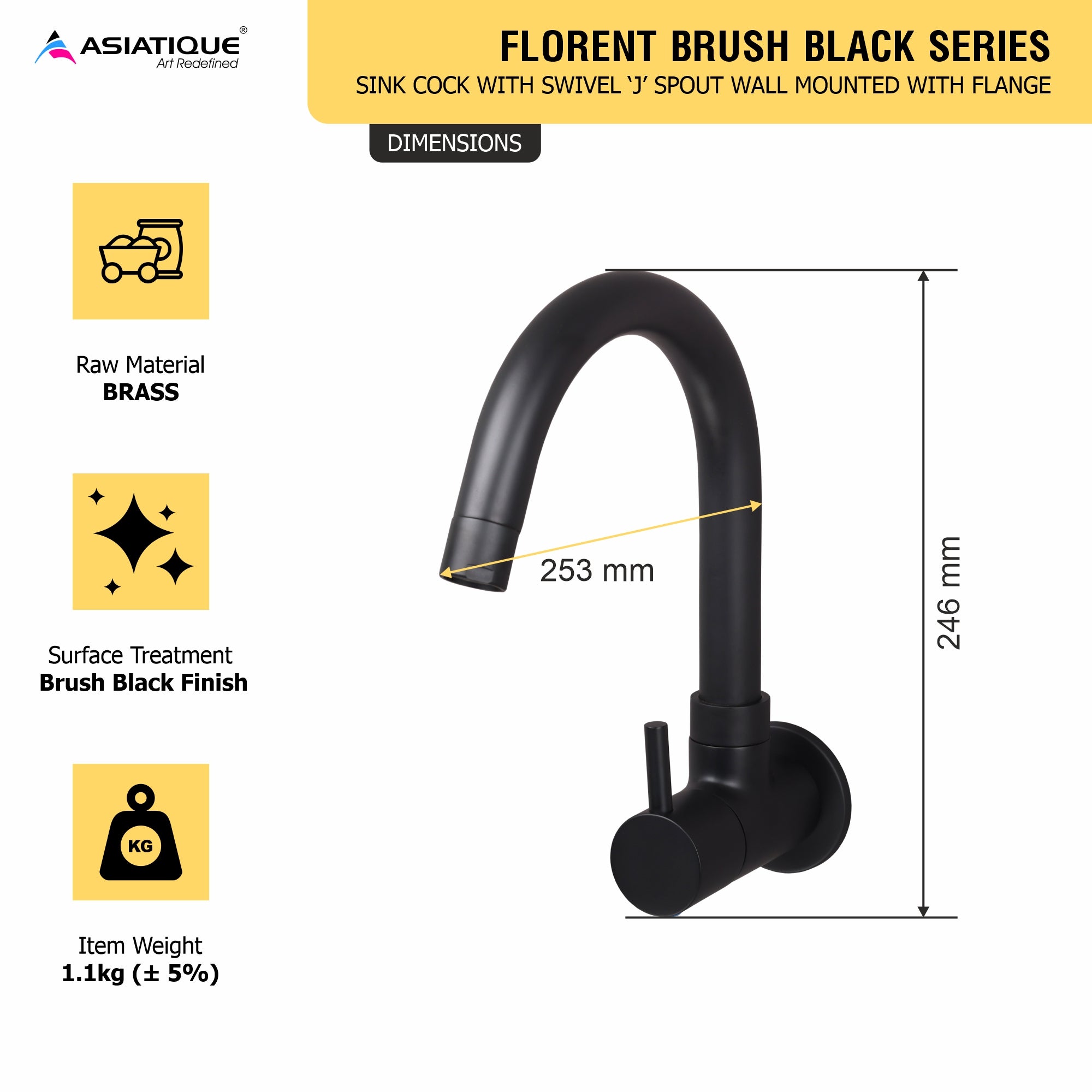 Asiatique Sink Cock With Swivel ‘J’ Spout Wall Mounted With Flange (FB-008 M) | Premium Black Brass Bathroom & Kitchen Fittings | Florent Brush Black Series