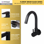 Asiatique Sink Cock With Swivel ‘J’ Spout Wall Mounted With Flange (FB-008 M) | Premium Black Brass Bathroom & Kitchen Fittings | Florent Brush Black Series