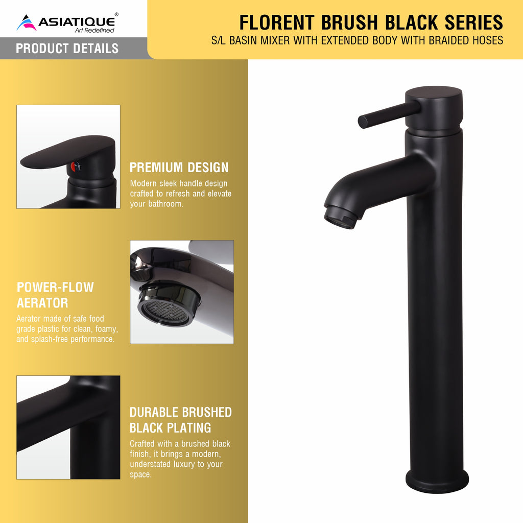 Asiatique S/L Basin Mixer With Extended Body With Braided Hoses (FB-009EX M) | Premium Black Brass Bathroom & Kitchen Fittings | Florent Brush Black Series