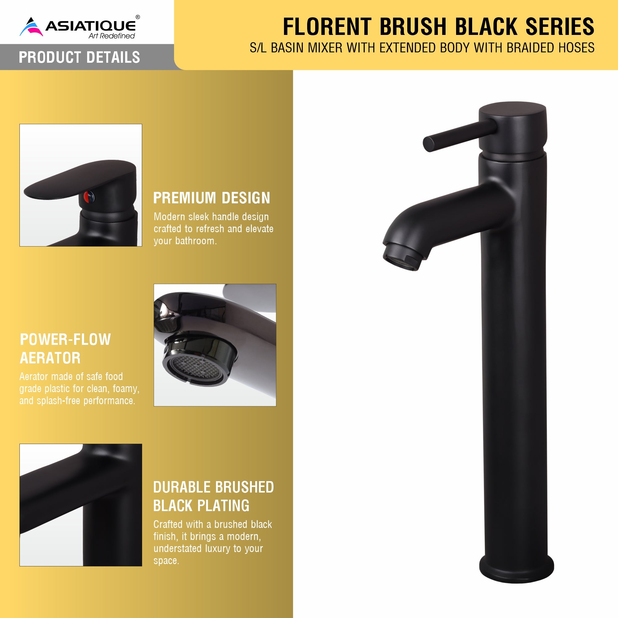 Asiatique S/L Basin Mixer With Extended Body With Braided Hoses (FB-009EX M) | Premium Black Brass Bathroom & Kitchen Fittings | Florent Brush Black Series