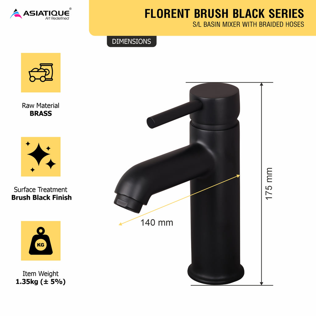 Asiatique S/L Basin Mixer With Braided Hoses (FB-009 M) | Premium Black Brass Bathroom & Kitchen Fittings | Florent Brush Black Series
