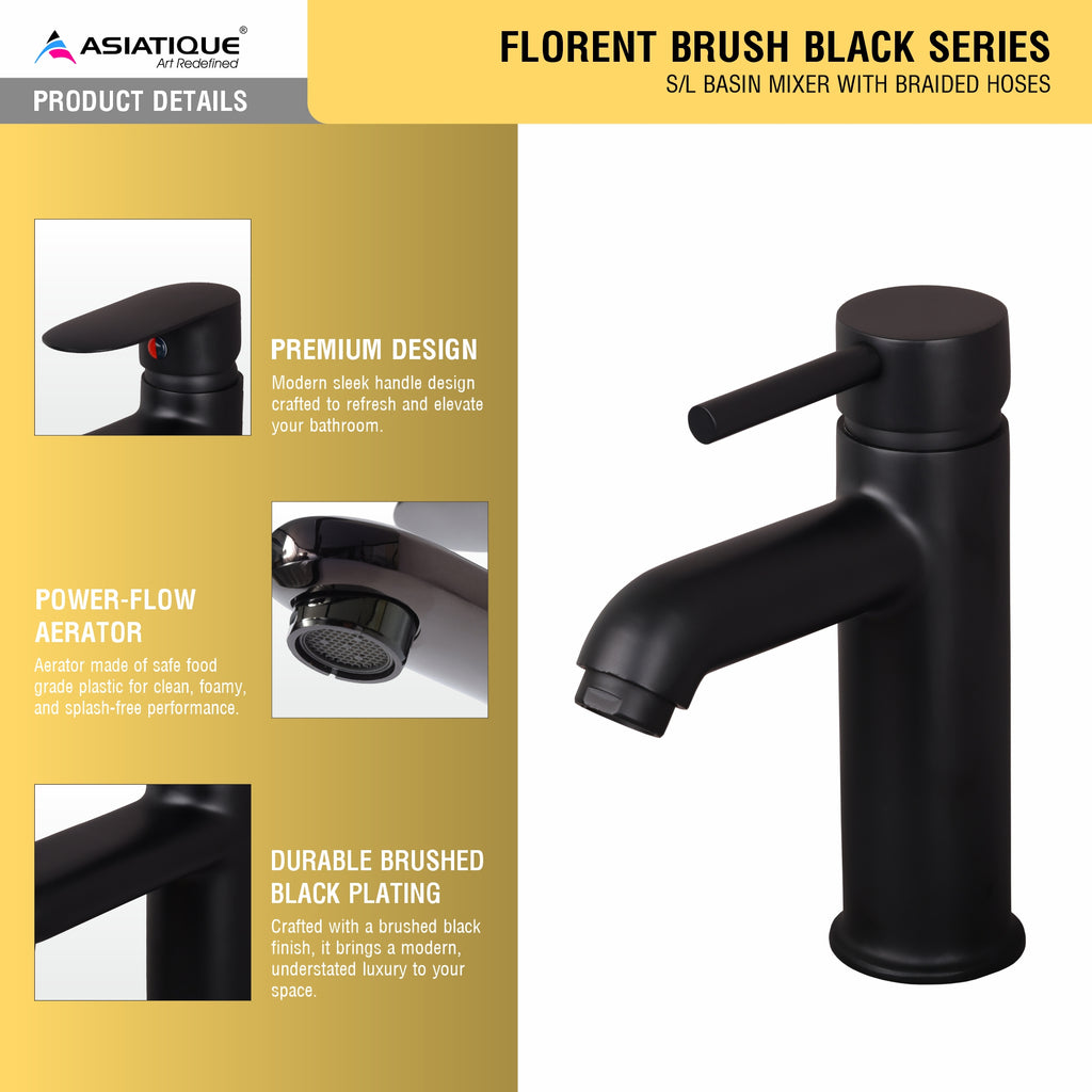 Asiatique S/L Basin Mixer With Braided Hoses (FB-009 M) | Premium Black Brass Bathroom & Kitchen Fittings | Florent Brush Black Series