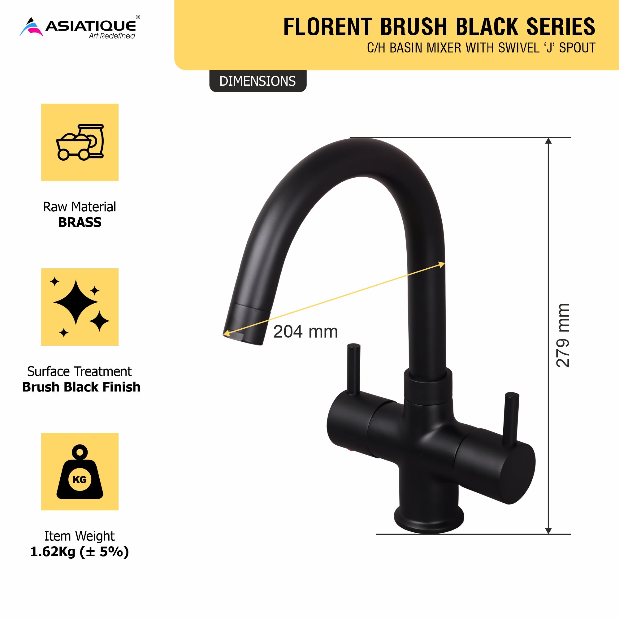 Asiatique C/H Basin Mixer With Swivel ‘J’ Spout (FB-011 M) | Premium Black Brass Bathroom & Kitchen Fittings | Florent Brush Black Series