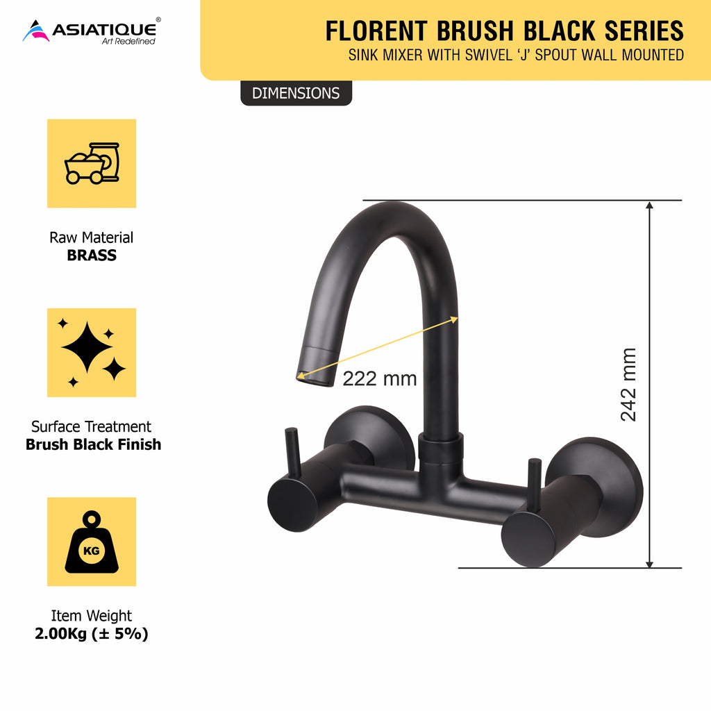Asiatique Sink Mixer With Swivel ‘J’ Spout Wall Mounted (FB-013 M) | Premium Black Brass Bathroom & Kitchen Fittings | Florent Brush Black Series