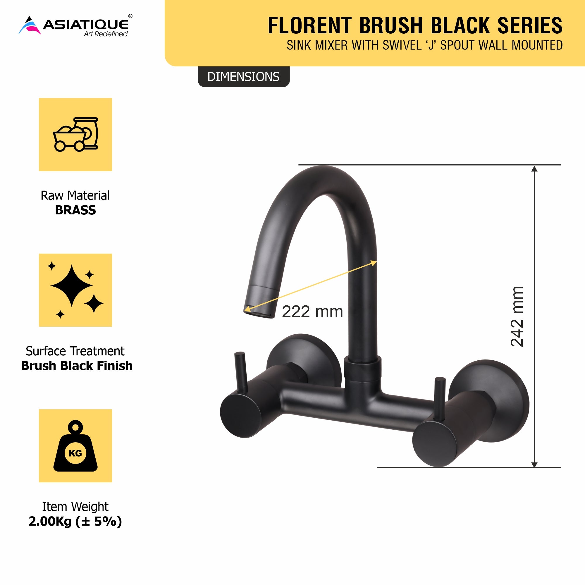 Asiatique Sink Mixer With Swivel ‘J’ Spout Wall Mounted (FB-013 M) | Premium Black Brass Bathroom & Kitchen Fittings | Florent Brush Black Series