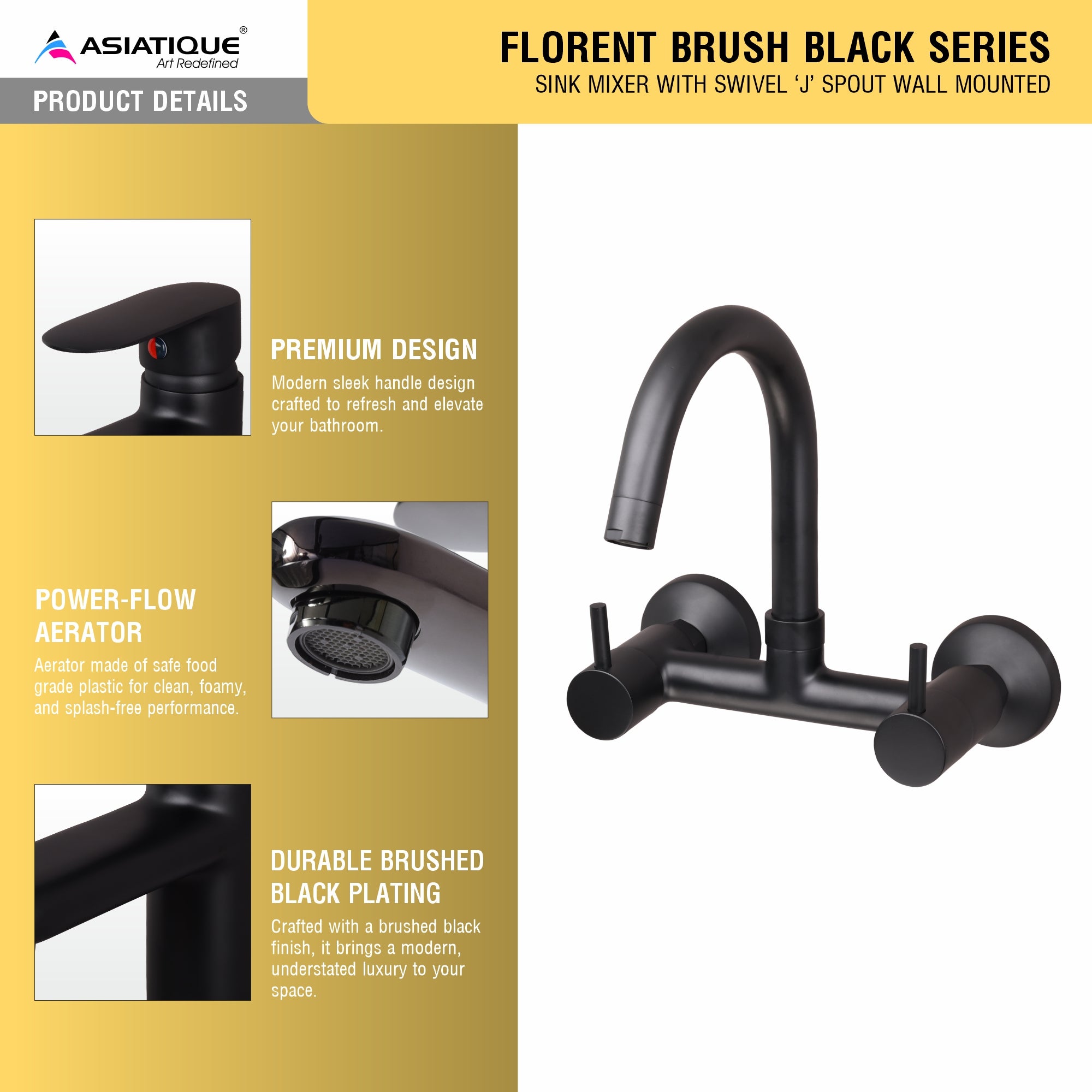 Asiatique Sink Mixer With Swivel ‘J’ Spout Wall Mounted (FB-013 M) | Premium Black Brass Bathroom & Kitchen Fittings | Florent Brush Black Series