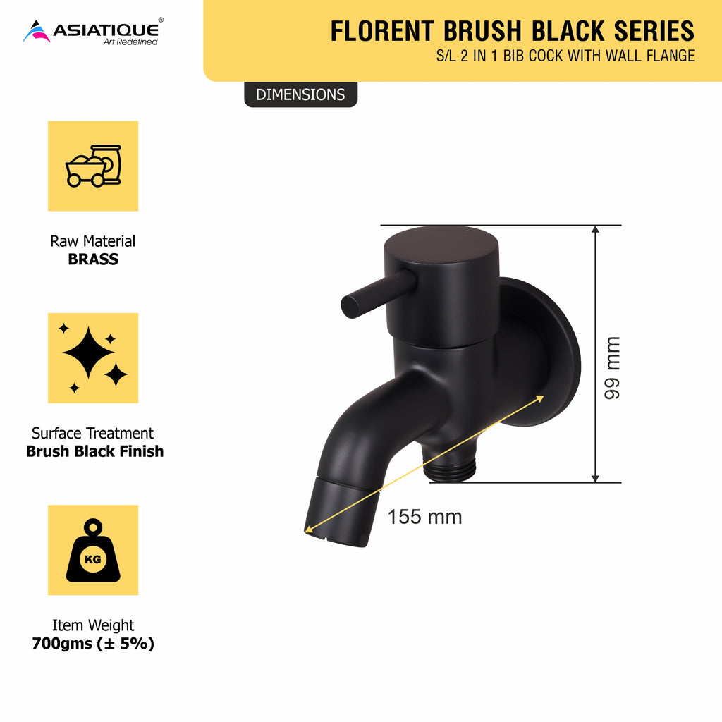 Asiatique S/L 2 in 1 Bib Cock With Wall Flange (FB-015S/L M) | Premium Black Brass Bathroom & Kitchen Fittings | Florent Brush Black Series