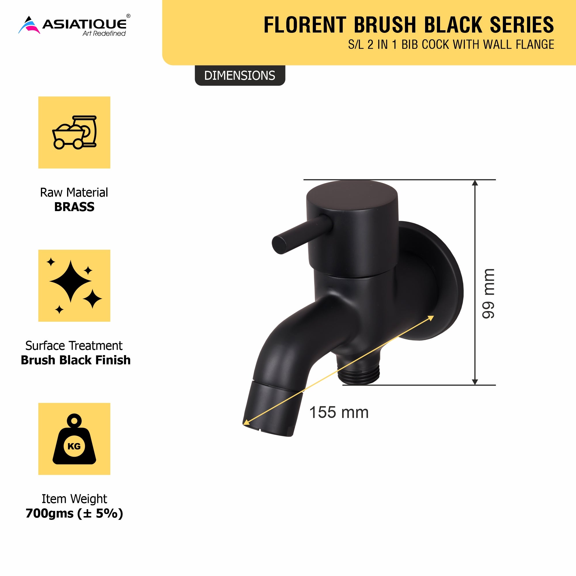 Asiatique S/L 2 in 1 Bib Cock With Wall Flange (FB-015S/L M) | Premium Black Brass Bathroom & Kitchen Fittings | Florent Brush Black Series