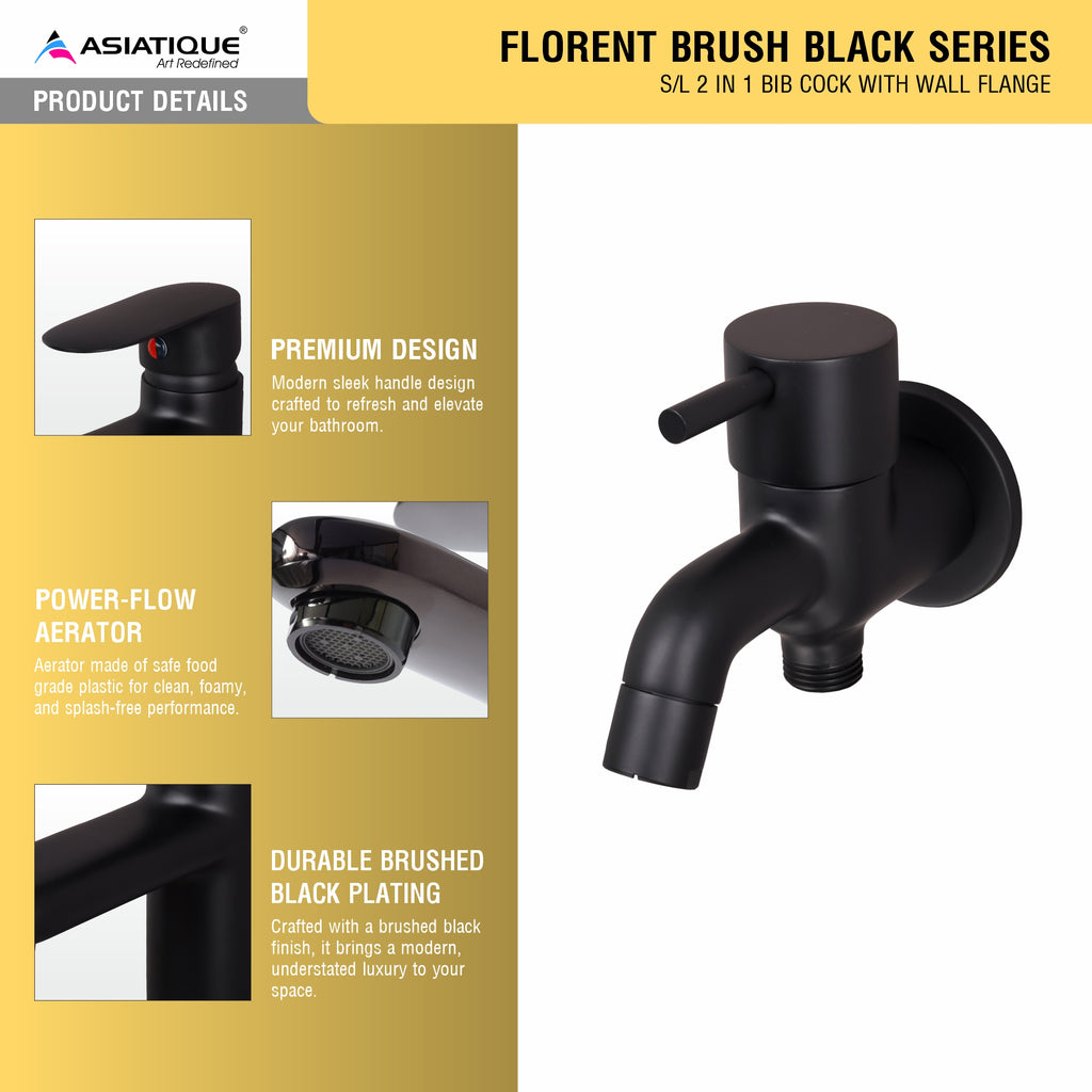 Asiatique S/L 2 in 1 Bib Cock With Wall Flange (FB-015S/L M) | Premium Black Brass Bathroom & Kitchen Fittings | Florent Brush Black Series