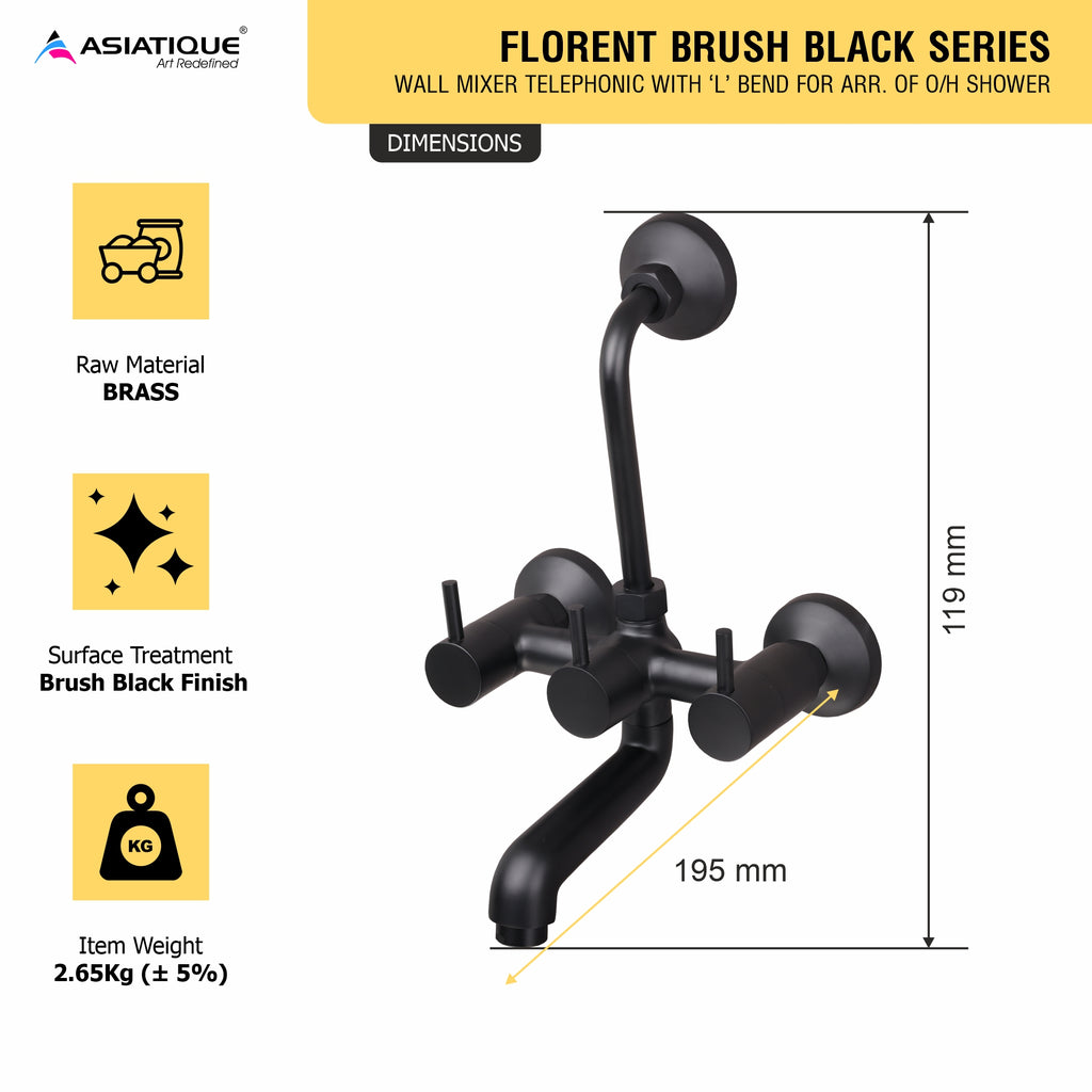 Asiatique Wall Mixer Telephonic With ‘L’ Bend for ARR. Of O/H Shower (FB-017 M) | Premium Black Brass Bathroom & Kitchen Fittings | Florent Brush Black Series