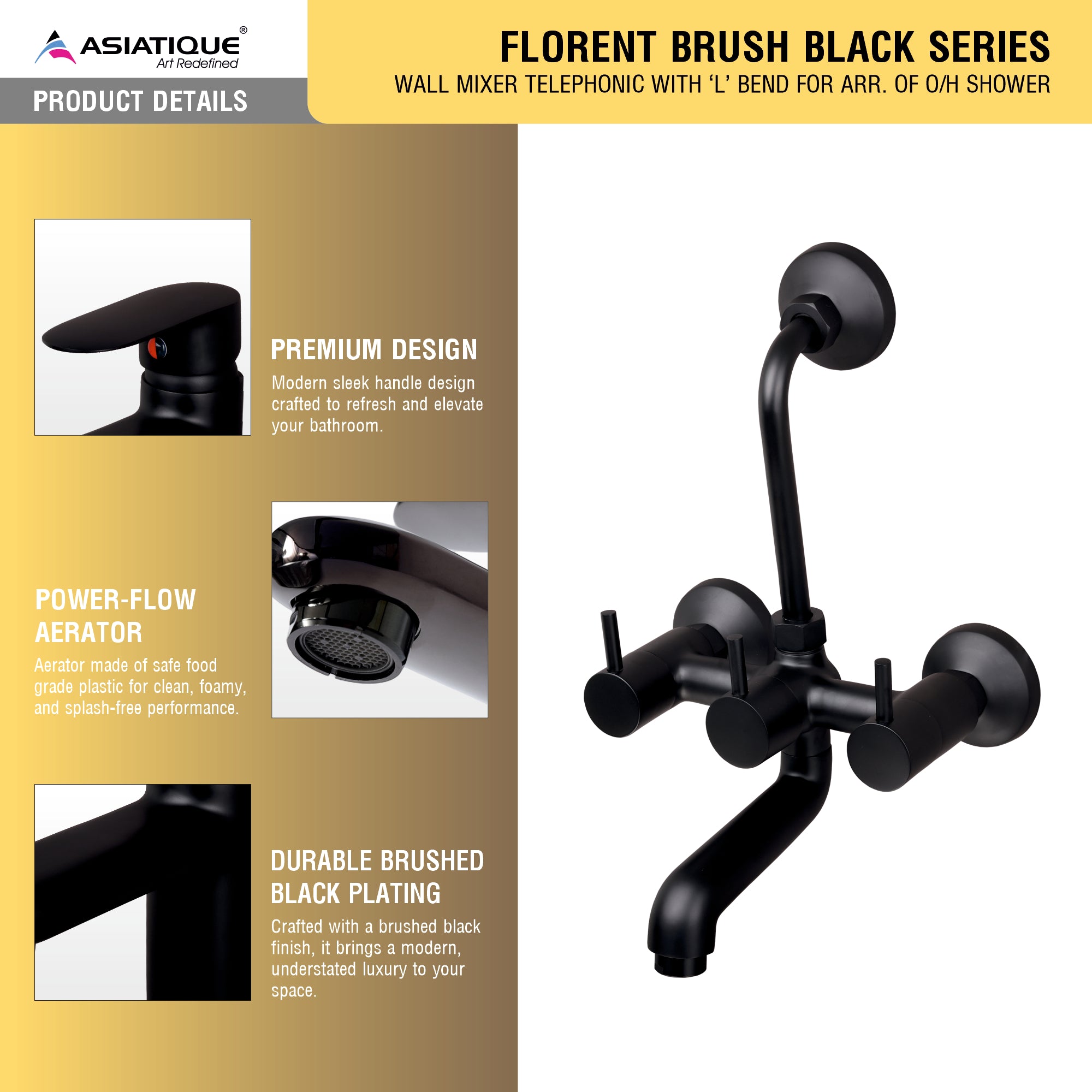 Asiatique Wall Mixer Telephonic With ‘L’ Bend for ARR. Of O/H Shower (FB-017 M) | Premium Black Brass Bathroom & Kitchen Fittings | Florent Brush Black Series