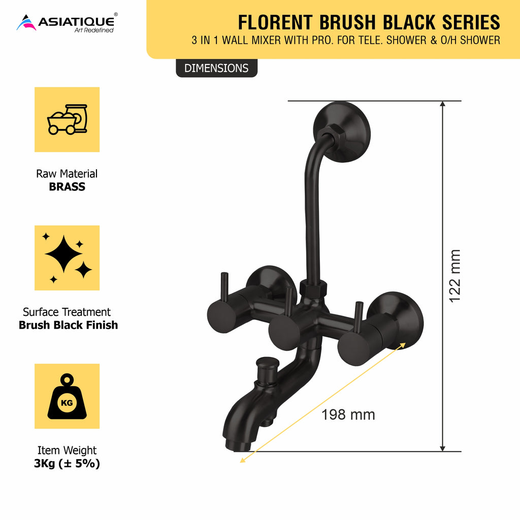 Asiatique 3 in 1 Wall Mixer With Pro. For Tele. Shower & O/H Shower (FB-018 M) | Premium Black Brass Bathroom & Kitchen Fittings | Florent Brush Black Series