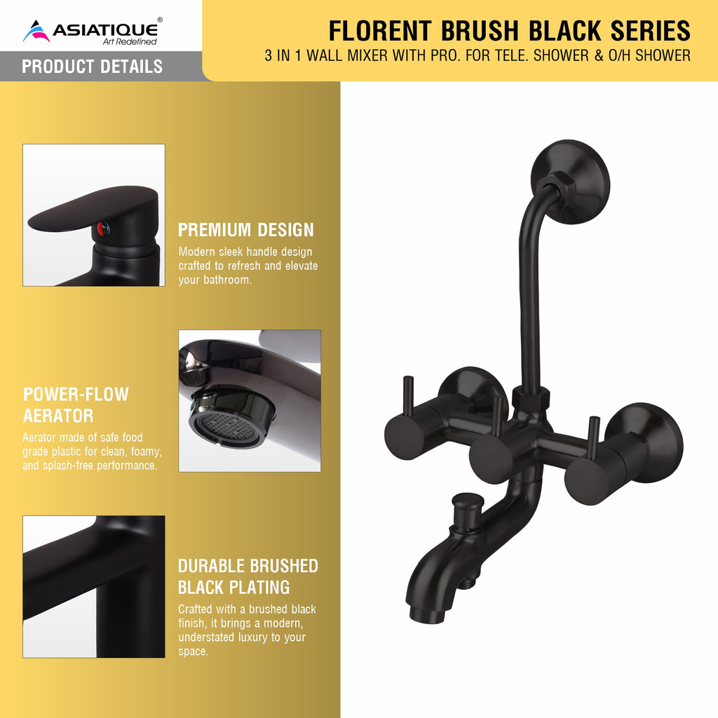 Asiatique 3 in 1 Wall Mixer With Pro. For Tele. Shower & O/H Shower (FB-018 M) | Premium Black Brass Bathroom & Kitchen Fittings | Florent Brush Black Series