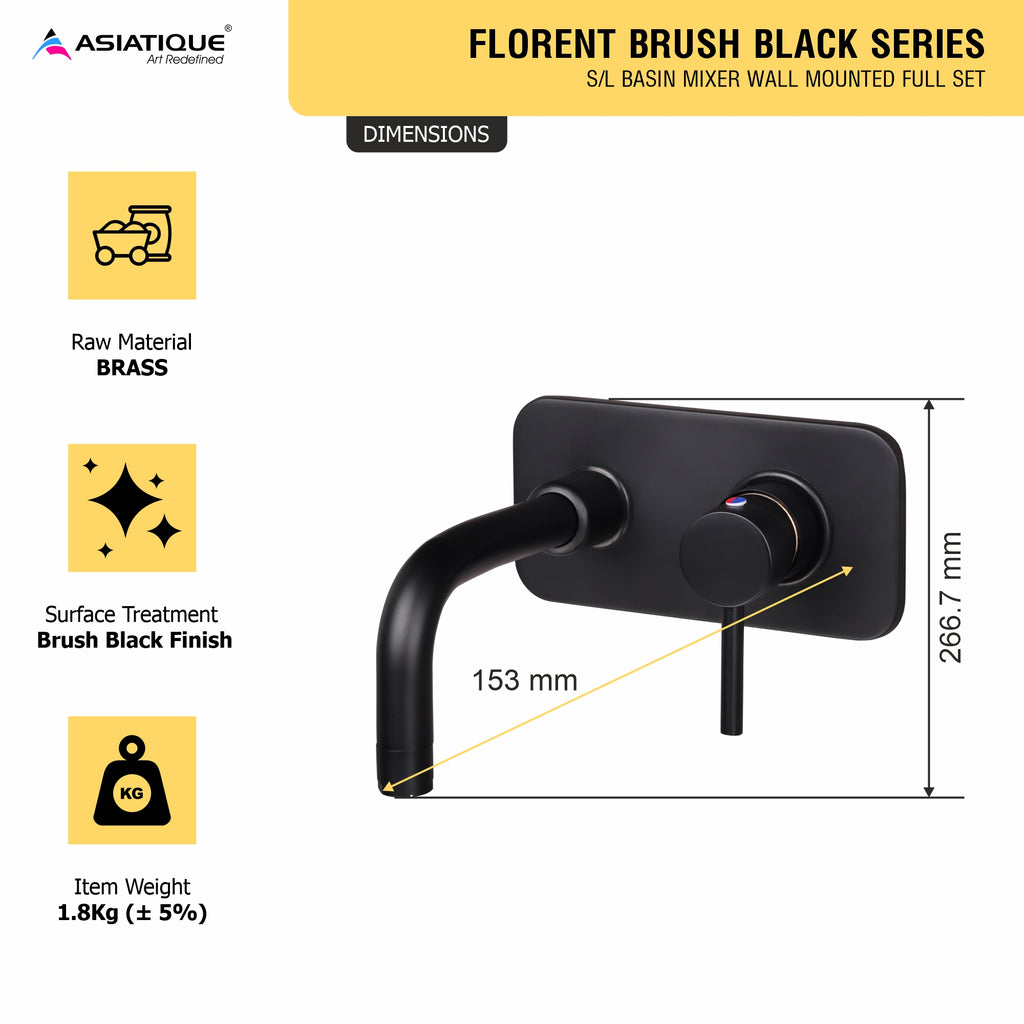 Asiatique S/L Basin Mixer Wall Mounted Full Set (FB-019 M) | Premium Black Brass Bathroom & Kitchen Fittings | Florent Brush Black Series