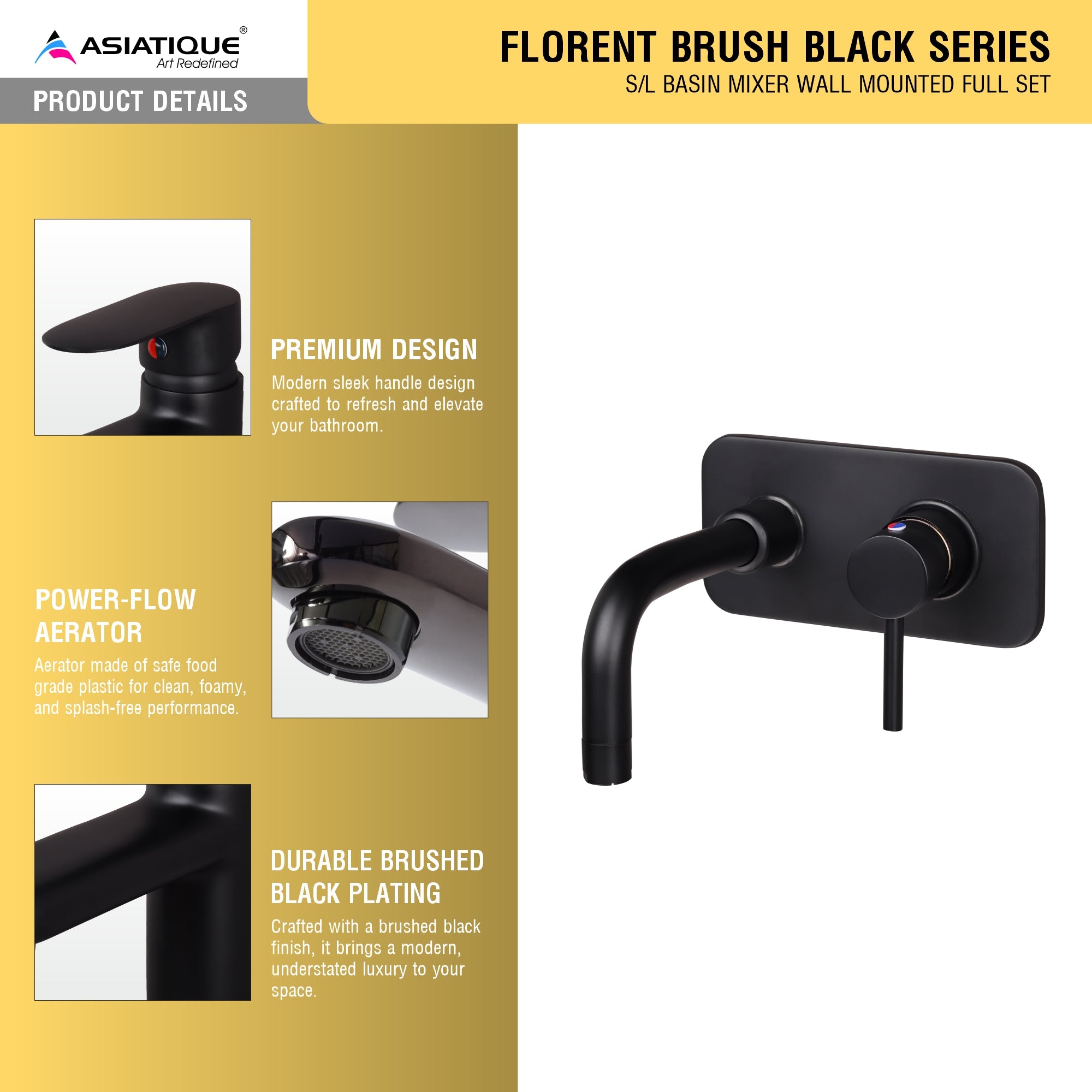 Asiatique S/L Basin Mixer Wall Mounted Full Set (FB-019 M) | Premium Black Brass Bathroom & Kitchen Fittings | Florent Brush Black Series