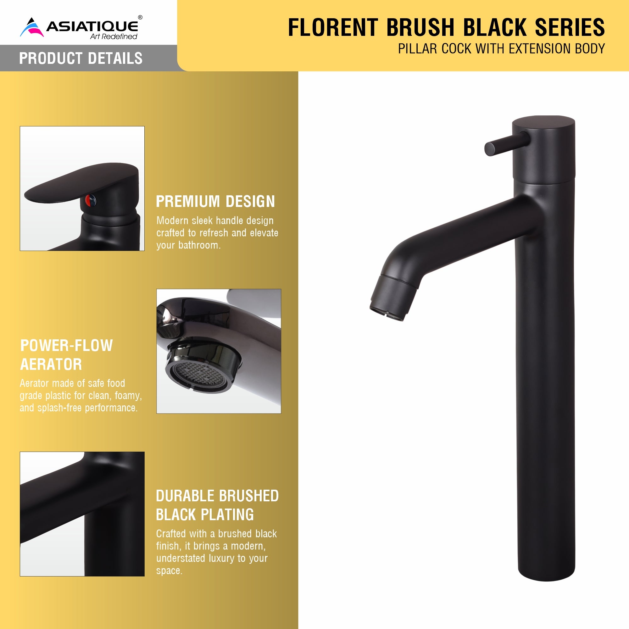 Asiatique Pillar Cock With Extension Body (FB-023 M) | Premium Black Brass Bathroom & Kitchen Fittings | Florent Brush Black Series