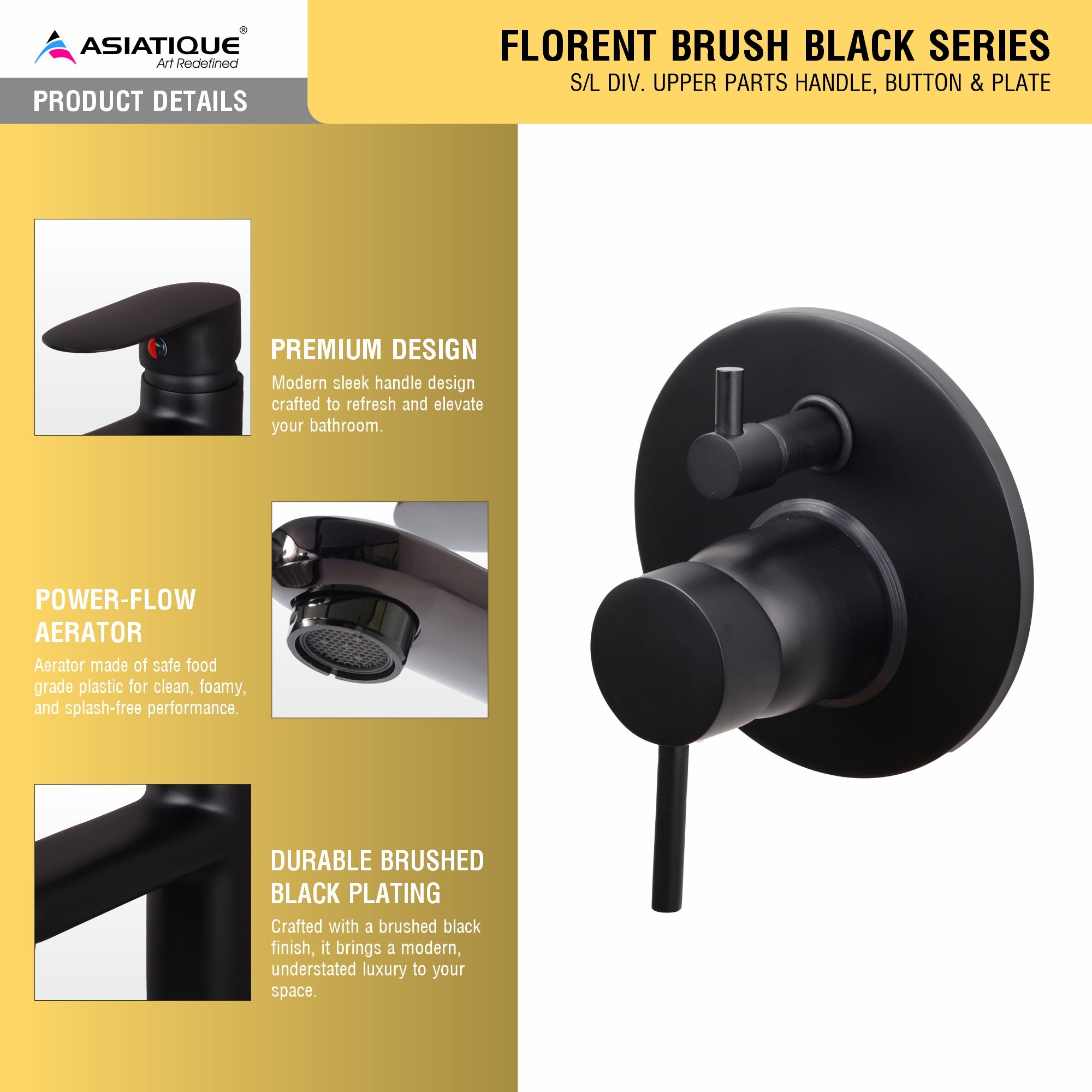 Asiatique S/L Div. Upper Parts Handle, Button & Plate (FB-024 M) | Premium Black Brass Bathroom & Kitchen Fittings | Florent Brush Black Series